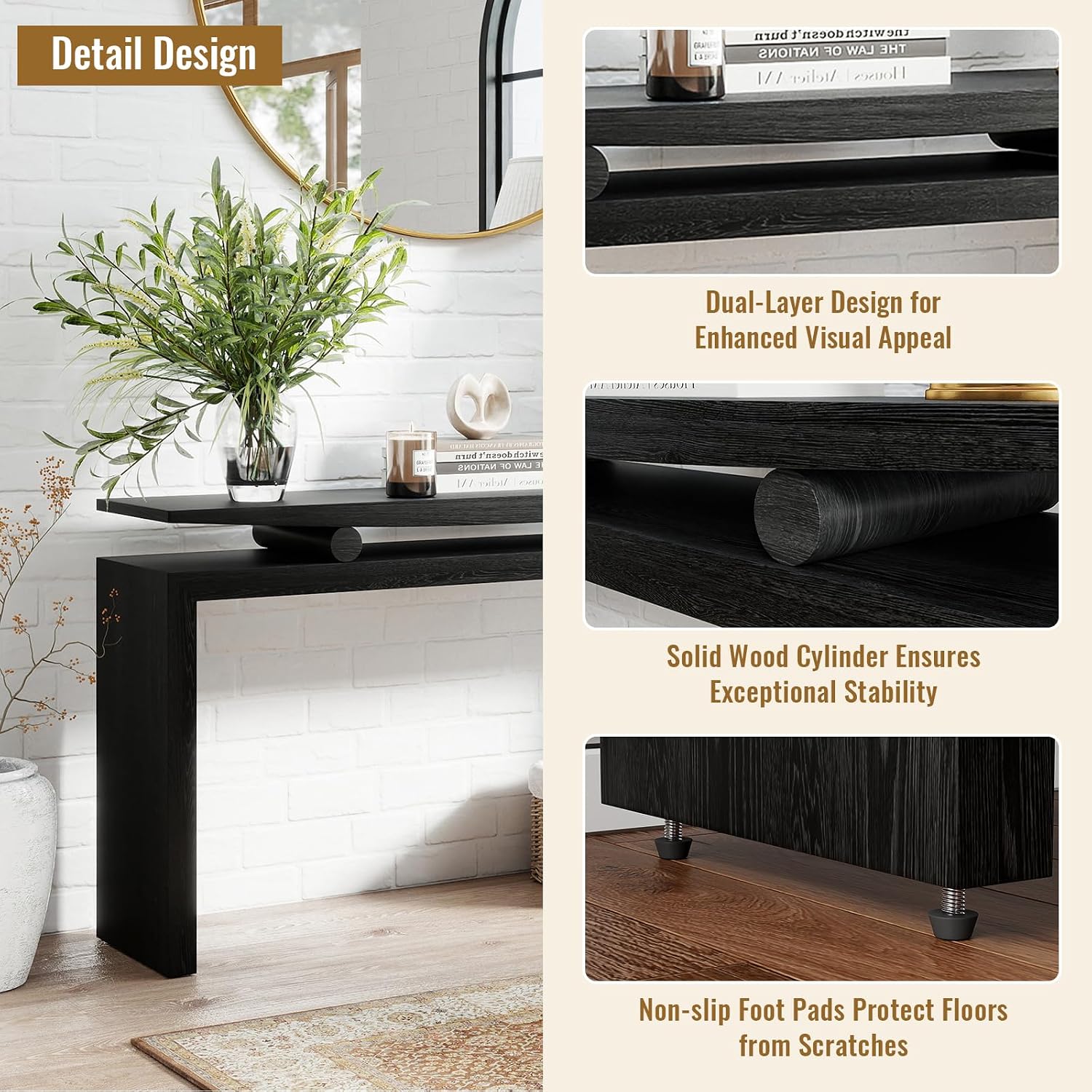 LKTART Modern Black Console Table Solid Wood Sofa Table Behind Couch Hallway Table for Entryway Large Farmhouse Foyer Tables for Living Room Entrance