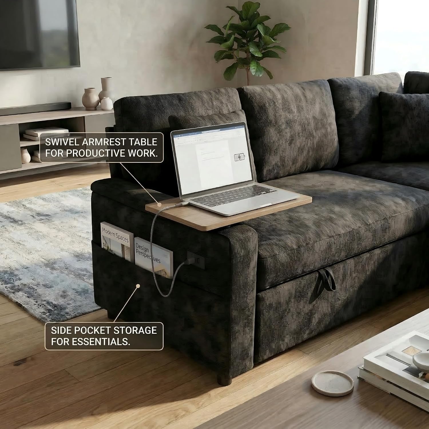 81' Modular Sectional Sofa, L Shaped 5-Seater Sleeper Sofa with Pull Out Bed, Hidden Storage, Cup Holders & USB Charging Ports, Sectional Couches for Living Room, Chenille, Black