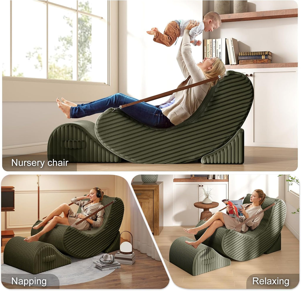 3-in-1 Adjustable Zero Gravity Floor Chair, Oversized Corduroy Boneless Chair for Adults with Memory Foam & Washable Cover, Silent Rocker Recliner Lounge Chair for Reading, Nursing, Gaming, Green