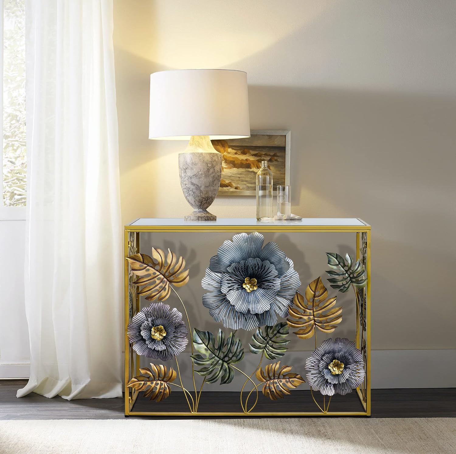 Lewahom Console Table, Vintage Art Sofa Table with Metal Flower Decor, Narrow Entryway Tables with Glass Mirror Tabletop Behind Sofa, Narrow Accent Table for Entryway Living Room Hallway Bedroom