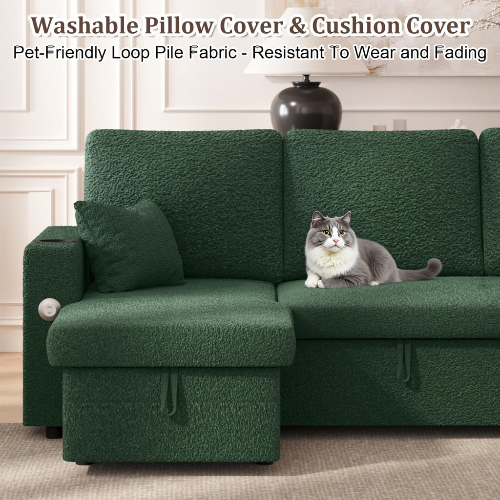 KCGKCG Sleeper Sofa Bed, 4-in-1 Pull Out Couch with Reversible Chaise | Dual USB & Type-C Charging | Dual Cup Holders | Layered Storage (Armrest + Chaise) for Living Room (Classic Green)