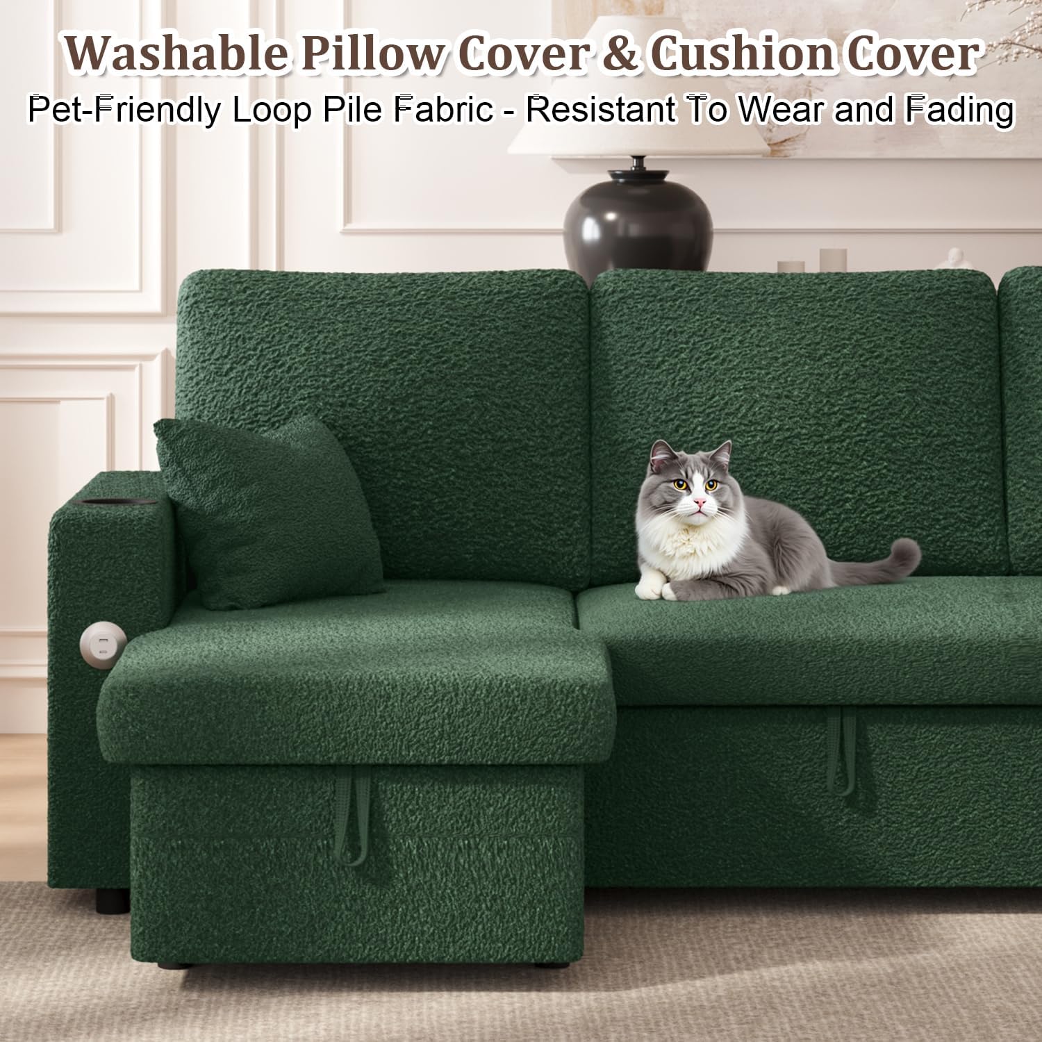 KCGKCG Sleeper Sofa Bed, 4-in-1 Pull Out Couch with Reversible Chaise | Dual USB & Type-C Charging | Dual Cup Holders | Layered Storage (Armrest + Chaise) for Living Room (Classic Green)