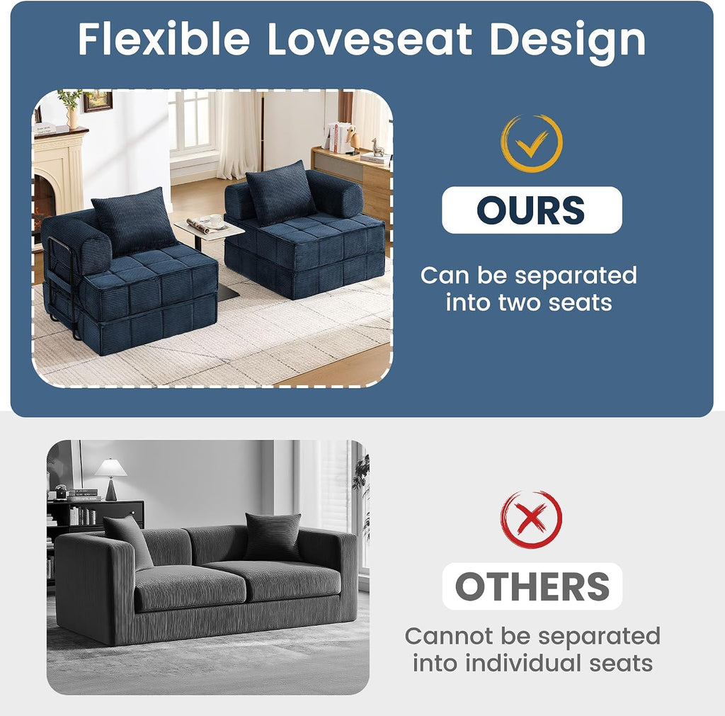 Korser Folding Convertible Sofa Bed, Corduroy Upholstered Boneless Couch, Small Sectional Cloud Couch, Loveseat Sleeper Sofa, Modular Futon Floor Sofa Couch for Living Room Bedroom Lounge, No Assembly