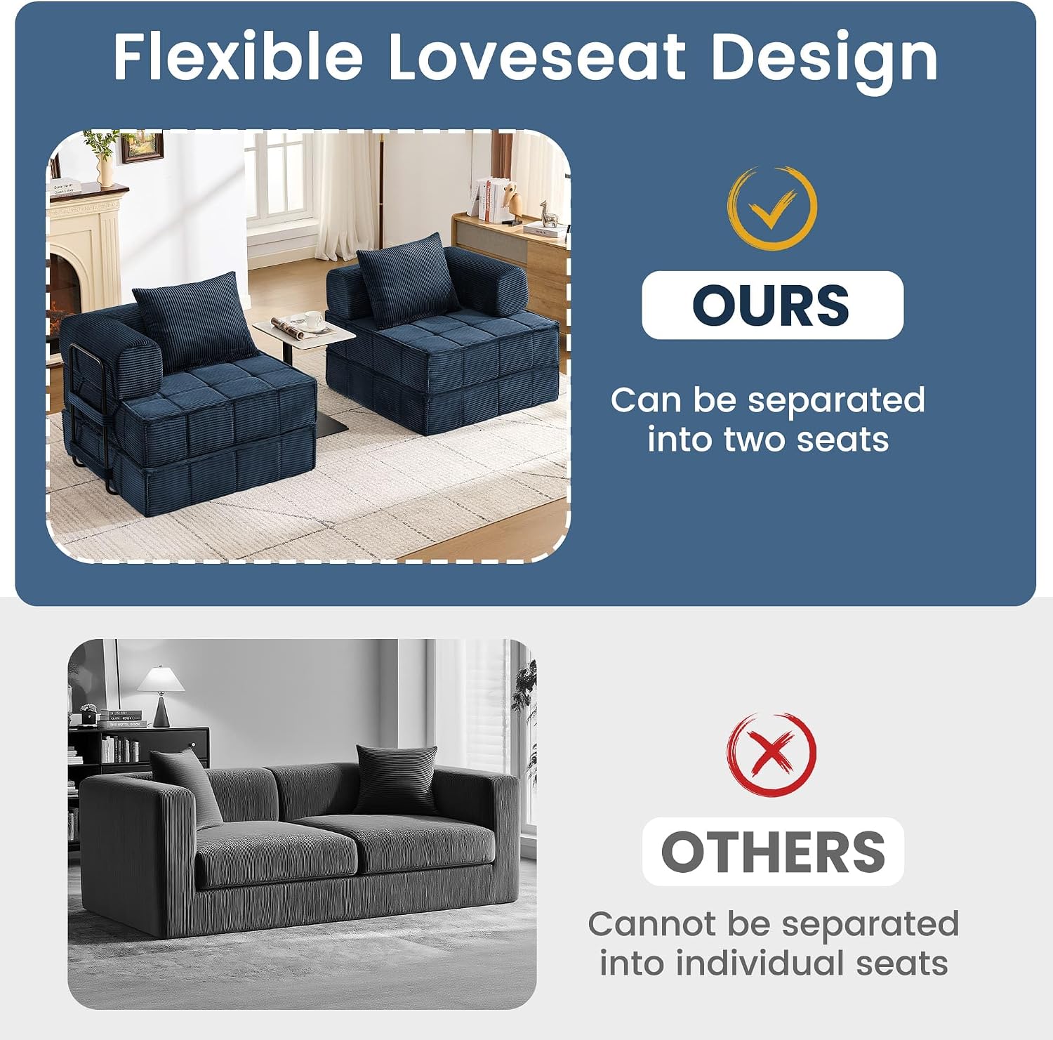 Korser Folding Convertible Sofa Bed, Corduroy Upholstered Boneless Couch, Small Sectional Cloud Couch, Loveseat Sleeper Sofa, Modular Futon Floor Sofa Couch for Living Room Bedroom Lounge, No Assembly