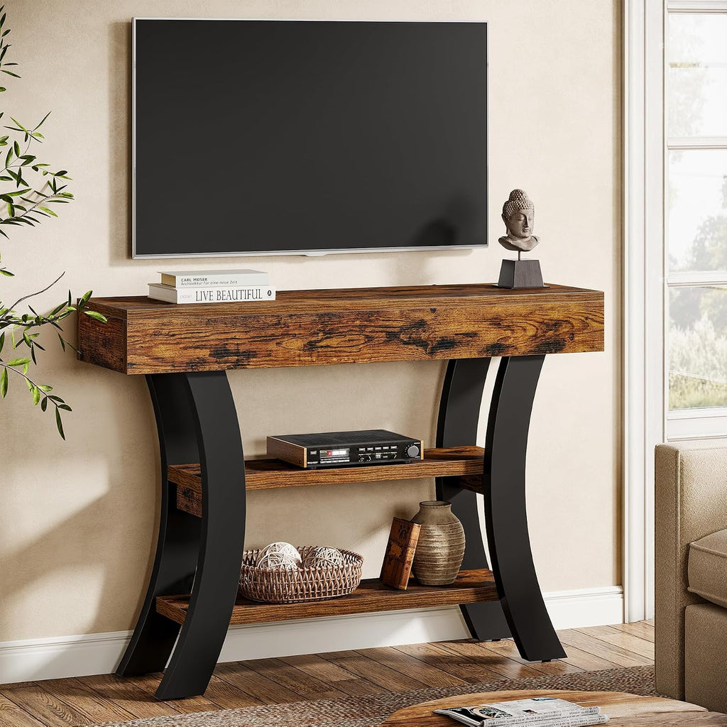 Tribesigns 41' Small Console Table for Entryway, 3-Tier Narrow Rustic Sofa Table with Storage Shelves and Curved Frame for Living Room, Entry, Hallway, Foyer, Rustic Brown
