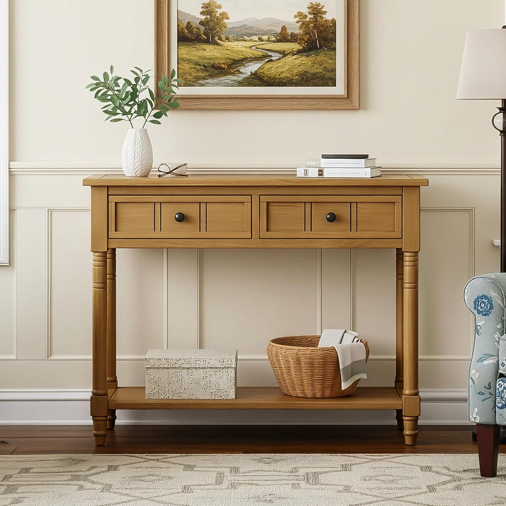 Knocbel Antique Entry Console Table with 2 Drawers & Bottom Open Shelf, Wood Sofa Tables for Entryway Hallway Living Room, 35.34' W x 13.8' D x 30.25' H, Natural