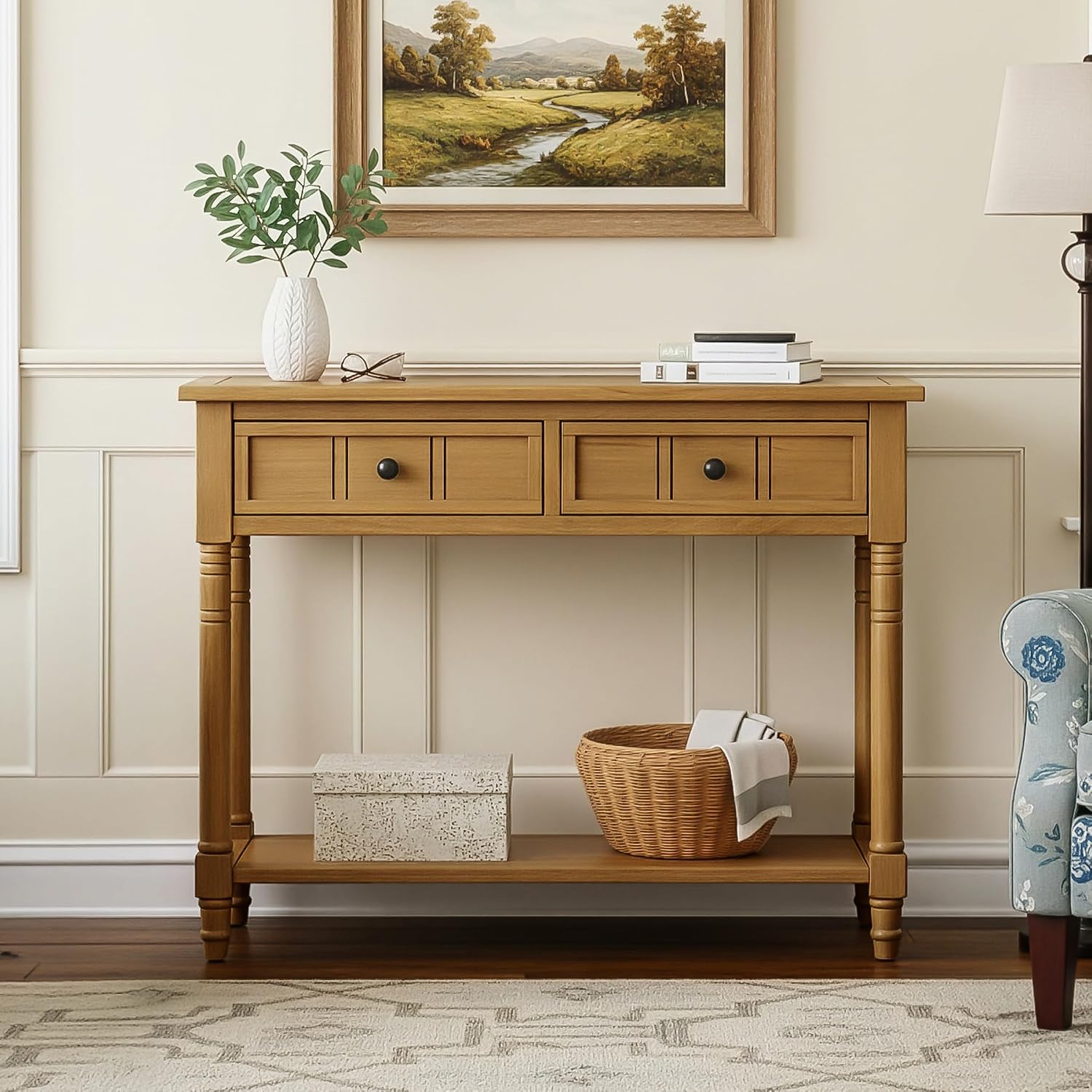 Knocbel Antique Entry Console Table with 2 Drawers & Bottom Open Shelf, Wood Sofa Tables for Entryway Hallway Living Room, 35.34' W x 13.8' D x 30.25' H, Natural