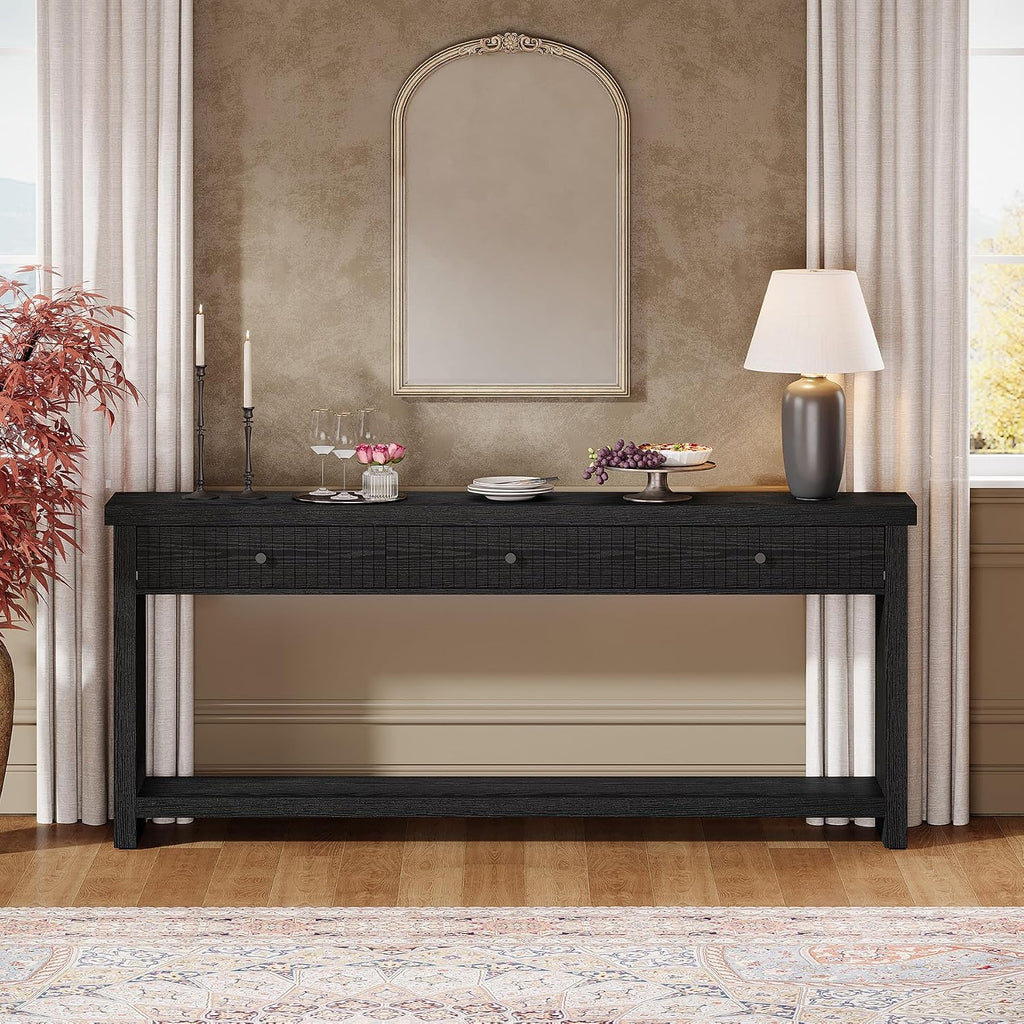 Tribesigns 70.9-Inch Extra Long Entryway Table with 3 Drawers, Sofa Console Table with Open Storage Shelves, Wooden Couch Foyer Tables for Living Room Hallway Entrance, Black