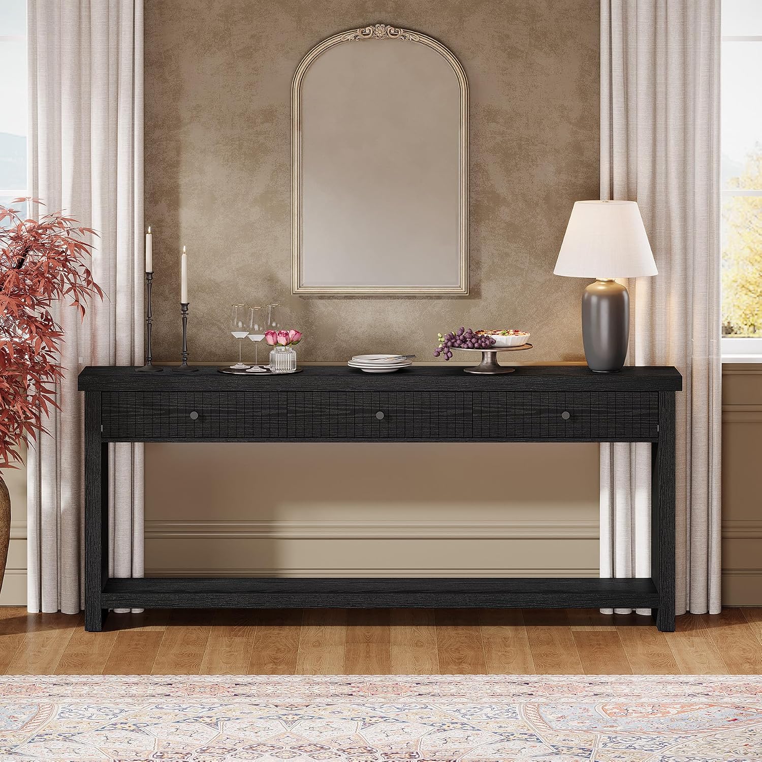 Tribesigns 70.9-Inch Extra Long Entryway Table with 3 Drawers, Sofa Console Table with Open Storage Shelves, Wooden Couch Foyer Tables for Living Room Hallway Entrance, Black