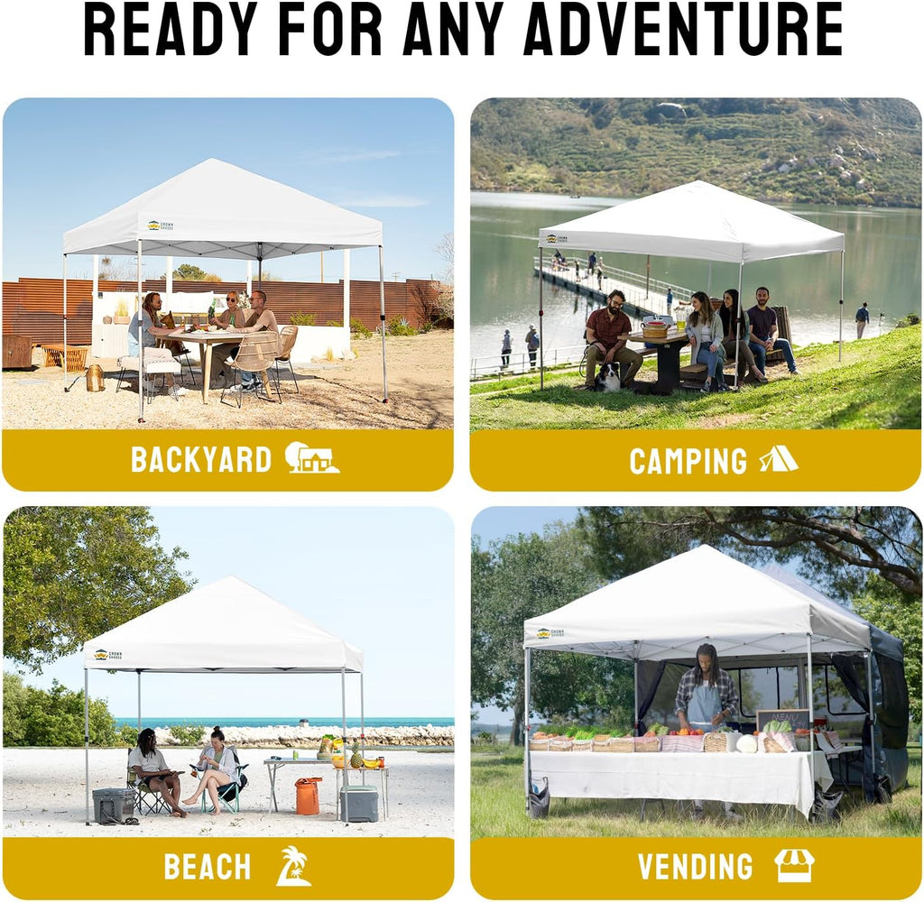 CROWN SHADES 8x8 Pop Up Canopy - Beach Tent with One Push Setup - Easy Outdoor Sun Shade for Events, Parties, Camping - Gazebo with STO-N-Go Cover Bag, Silver Coated Top, White