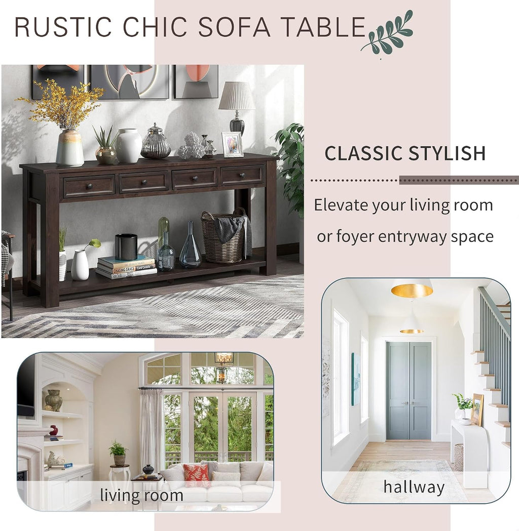 GDFStudio Farmhouse Console Table with 4 Drawer 63' Long Rustic Entryway Table with Open Storage Shelves Vintage Metal Handle Narrow Foyer Sofa Tables for Living Room Entryway Hallway, Espresso Brown