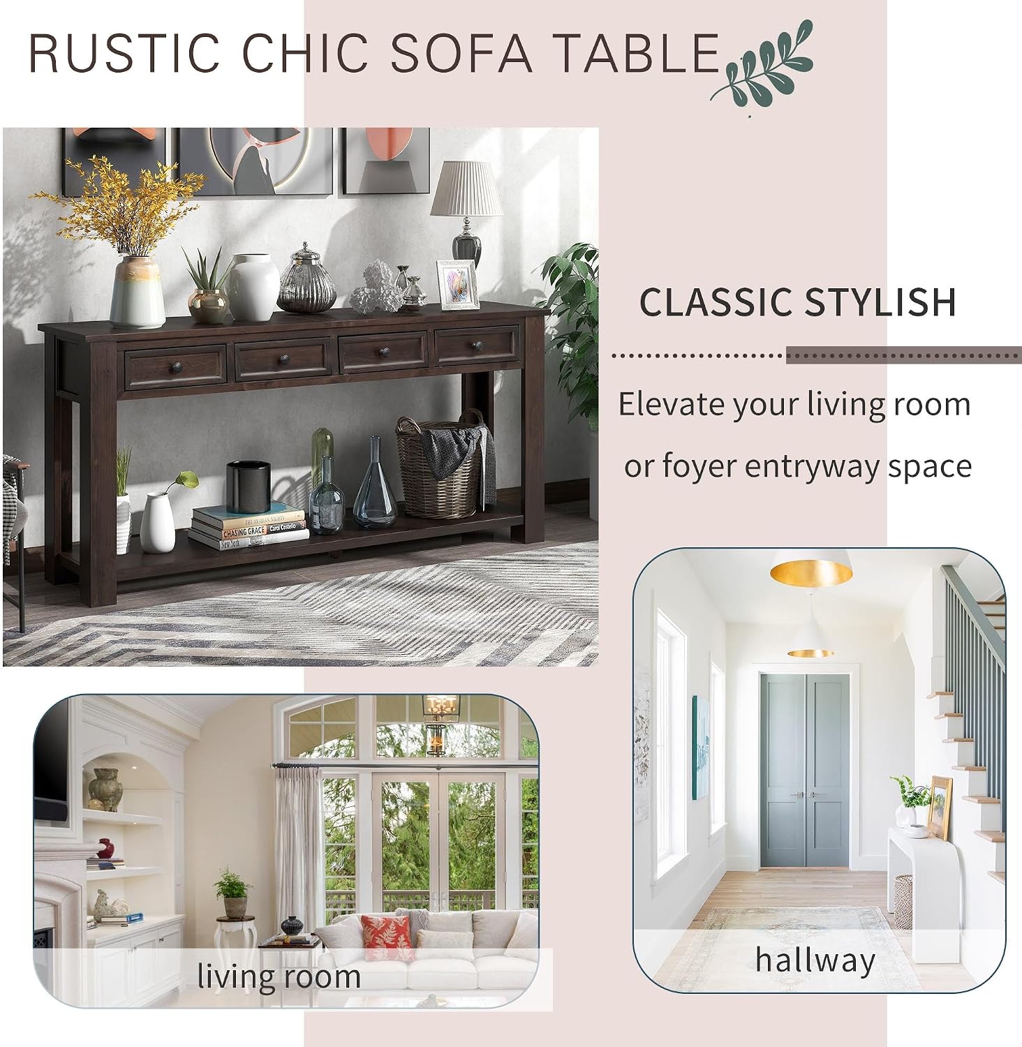 GDFStudio Farmhouse Console Table with 4 Drawer 63' Long Rustic Entryway Table with Open Storage Shelves Vintage Metal Handle Narrow Foyer Sofa Tables for Living Room Entryway Hallway, Espresso Brown