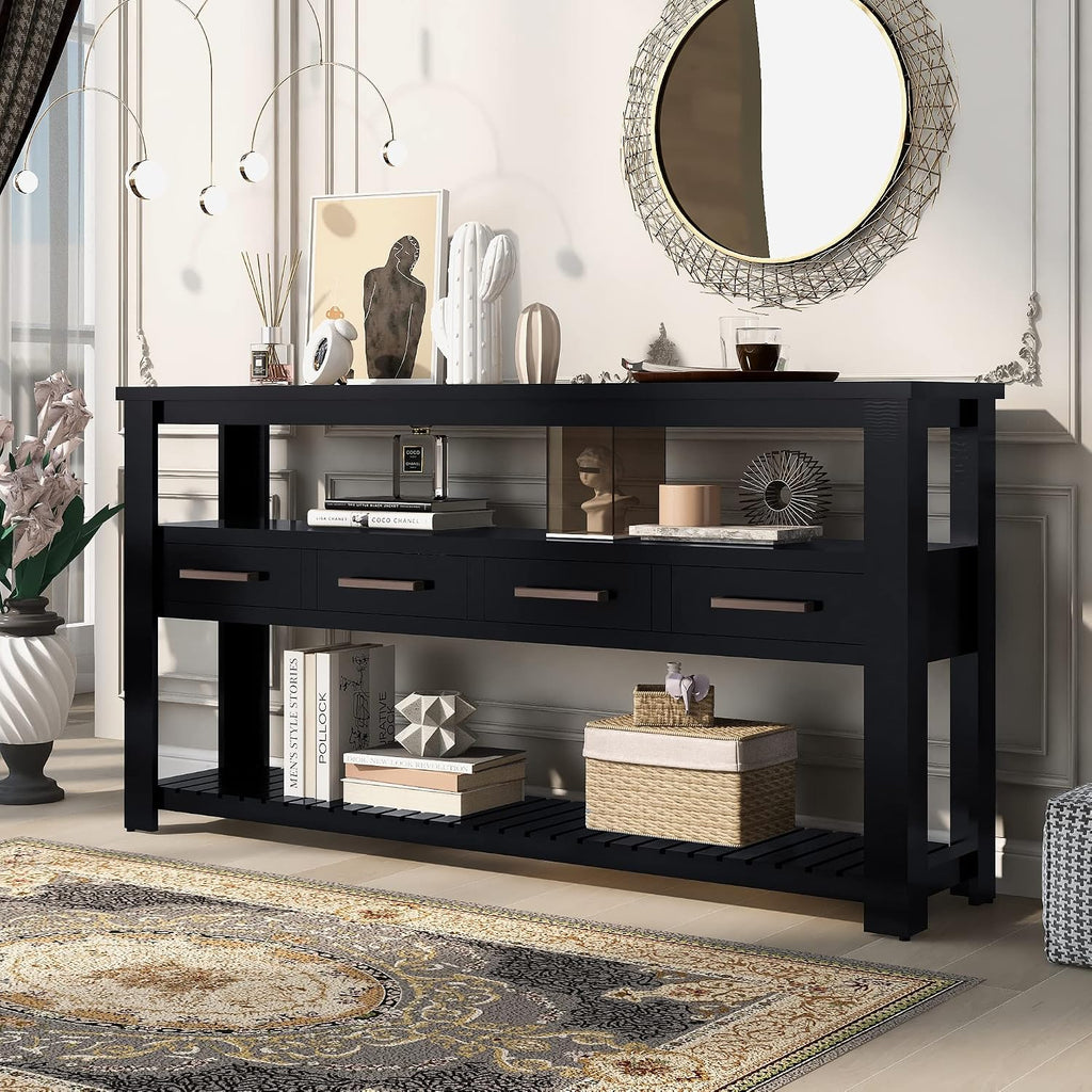 62 in Black Console Table with 4 Drawers and 3-Tier Storage Shelves, Wood Modern Sofa Table Entryway Table Side Table for Entry Way, Hallway, Couch, Living Room, Kitchen, Foyer