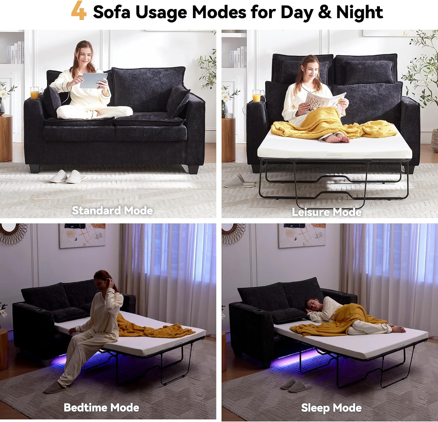Brelice 65' Pull Out Sofa Bed, Sleeper Sofa Couch, 2-in-1 Convertible Chenille Loveseat with USB Charging Ports and Memory Foam Mattress, Full Size Pullout Bed for Living Room, Apartment or Office