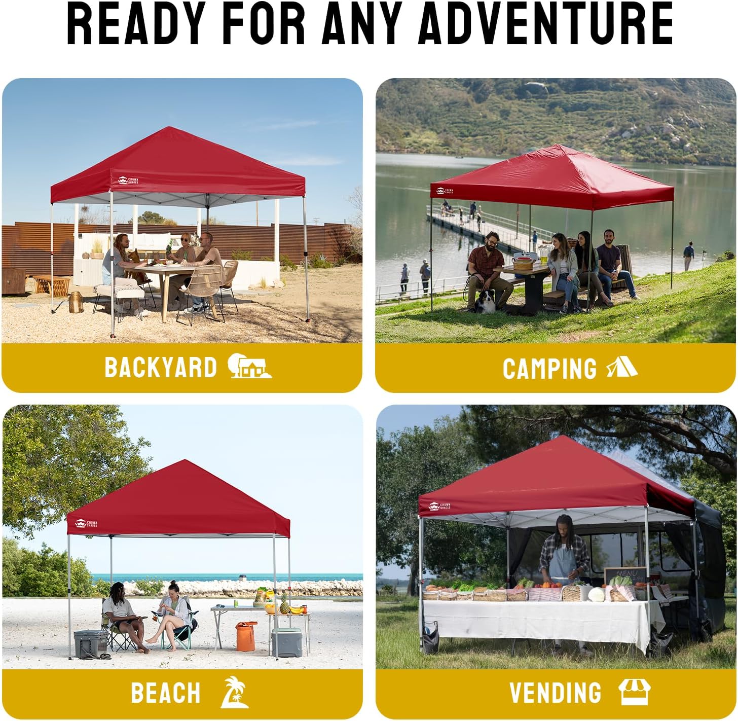 CROWN SHADES 8x8 Pop Up Canopy - Beach Tent with One Push Setup - Easy Outdoor Sun Shade for Events, Parties, Camping - Gazebo with STO-N-Go Cover Bag, Silver Coated Top, Red