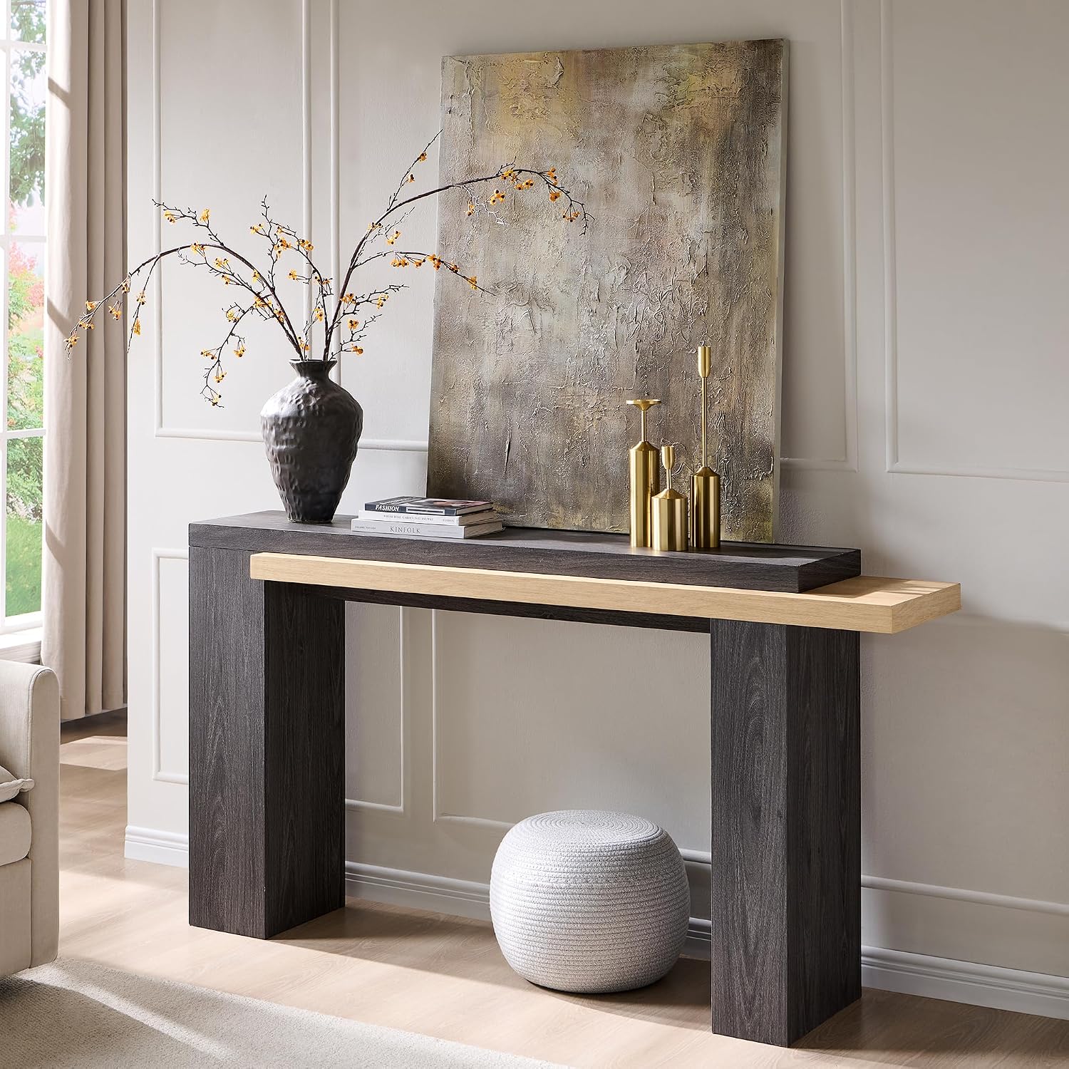 OKD 63 Inch Modern Entryway Console Table, Solid Geometry Accent Sofa Table Behind The Couch, Narrow Console Table for Entryway, Hallway, Living Room, Foyer, Natural Oak with Dark Alder
