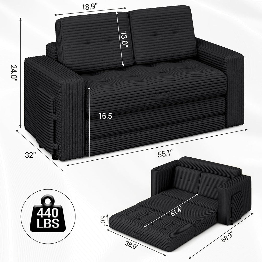 2 in 1 Convertible Sofa Bed, Pull Out Loveseat Boneless Couch, Sleeper Sofabed, Folding Couch Bed with Pillow for Living Room Bedroom, Black | Pull Out Loveseat, Boneless Couch, Sleeper Sofabed, Folding Couch Bed, With Pillow, Living Room Bedroom
