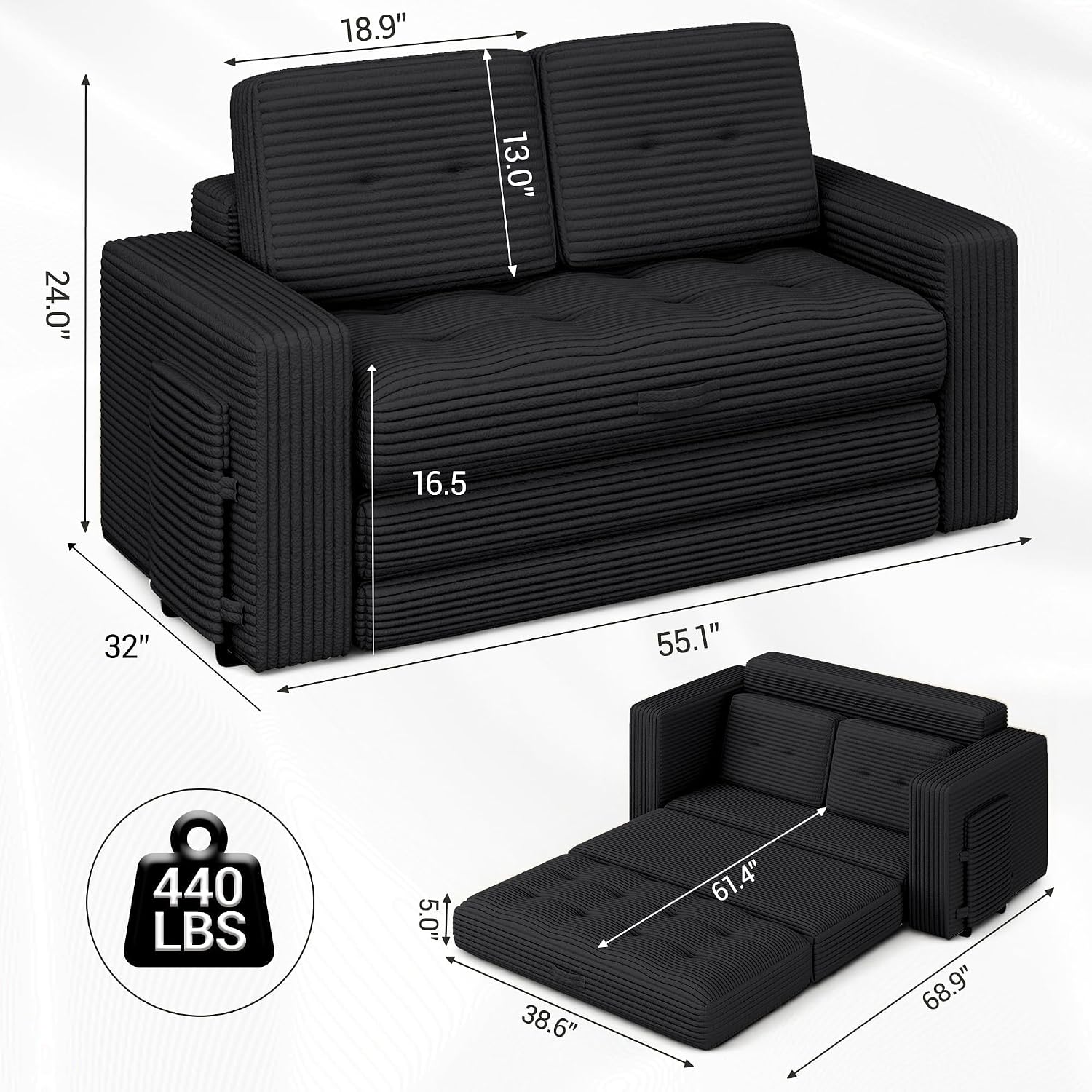2 in 1 Convertible Sofa Bed, Pull Out Loveseat Boneless Couch, Sleeper Sofabed, Folding Couch Bed with Pillow for Living Room Bedroom, Black | Pull Out Loveseat, Boneless Couch, Sleeper Sofabed, Folding Couch Bed, With Pillow, Living Room Bedroom
