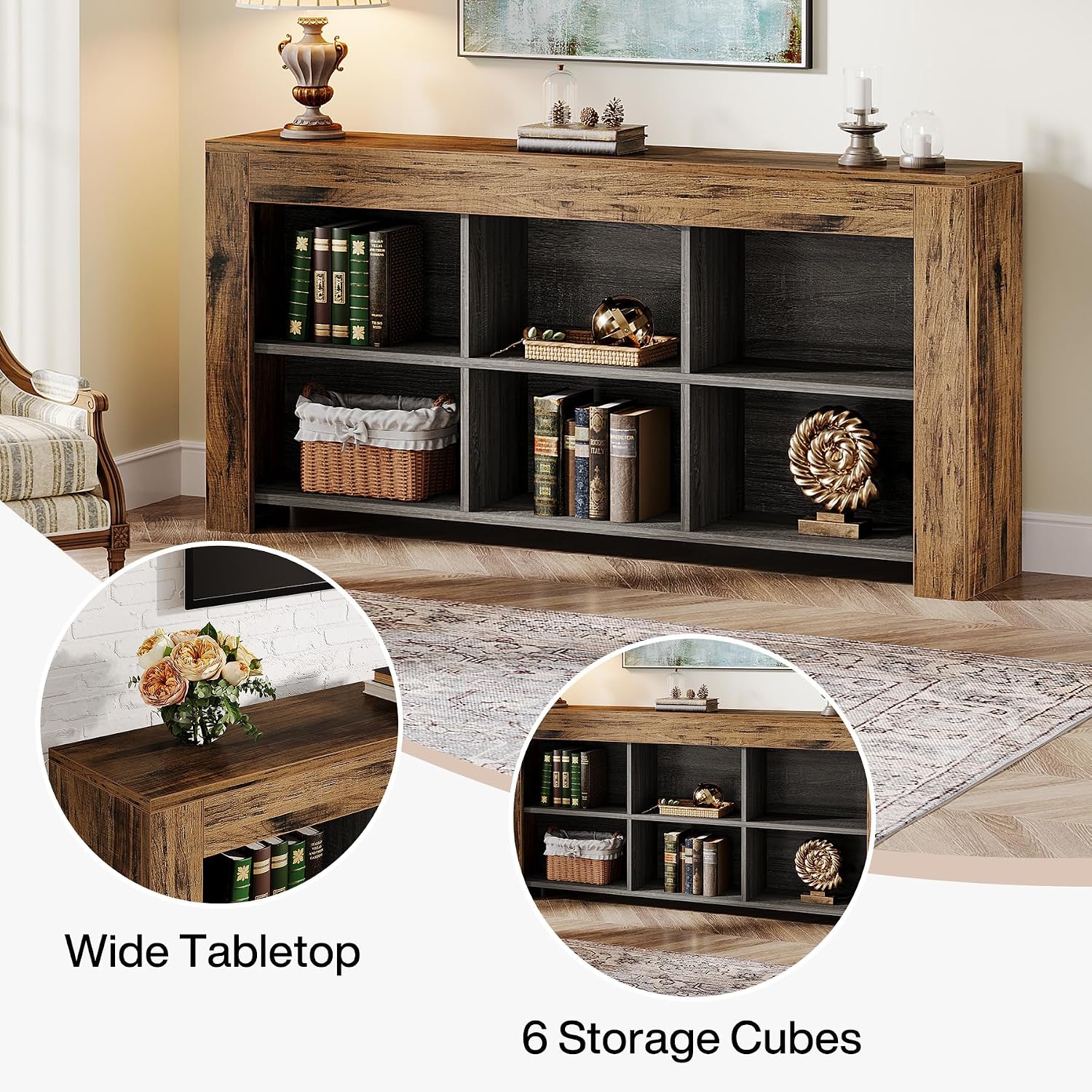 Tribesigns 63-Inch Long Console Table, Rustic Wood Entryway Table with 6 Storage Cubes, Industrial Narrow Sofa Table Behind Couch Table for Living Room, Hallway