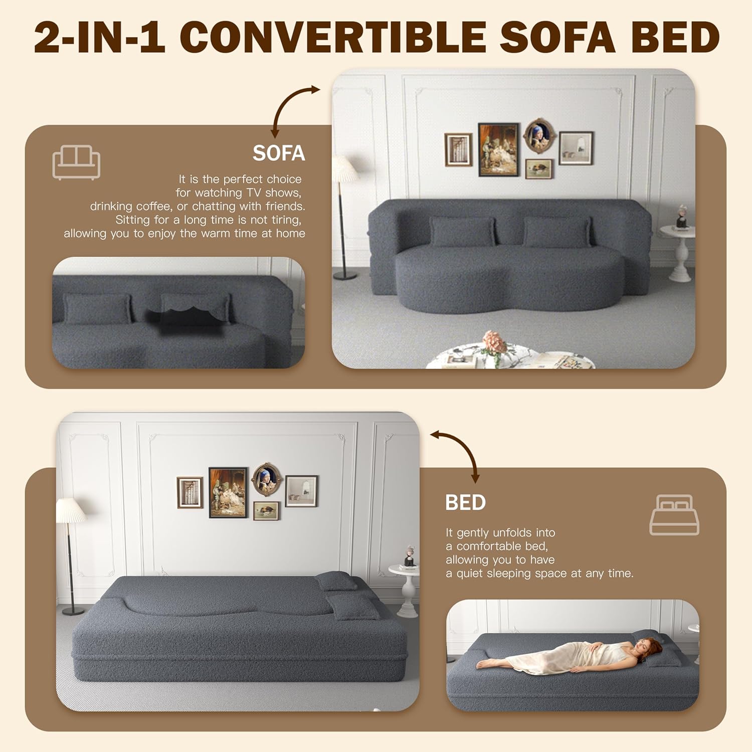 JOYBASE 78' Folding Sofa Bed, Convertible Twin Sleeper Sofa, Minimalist Boneless Cloud Couch for Living Room, Apartment, Bedroom (Grey)
