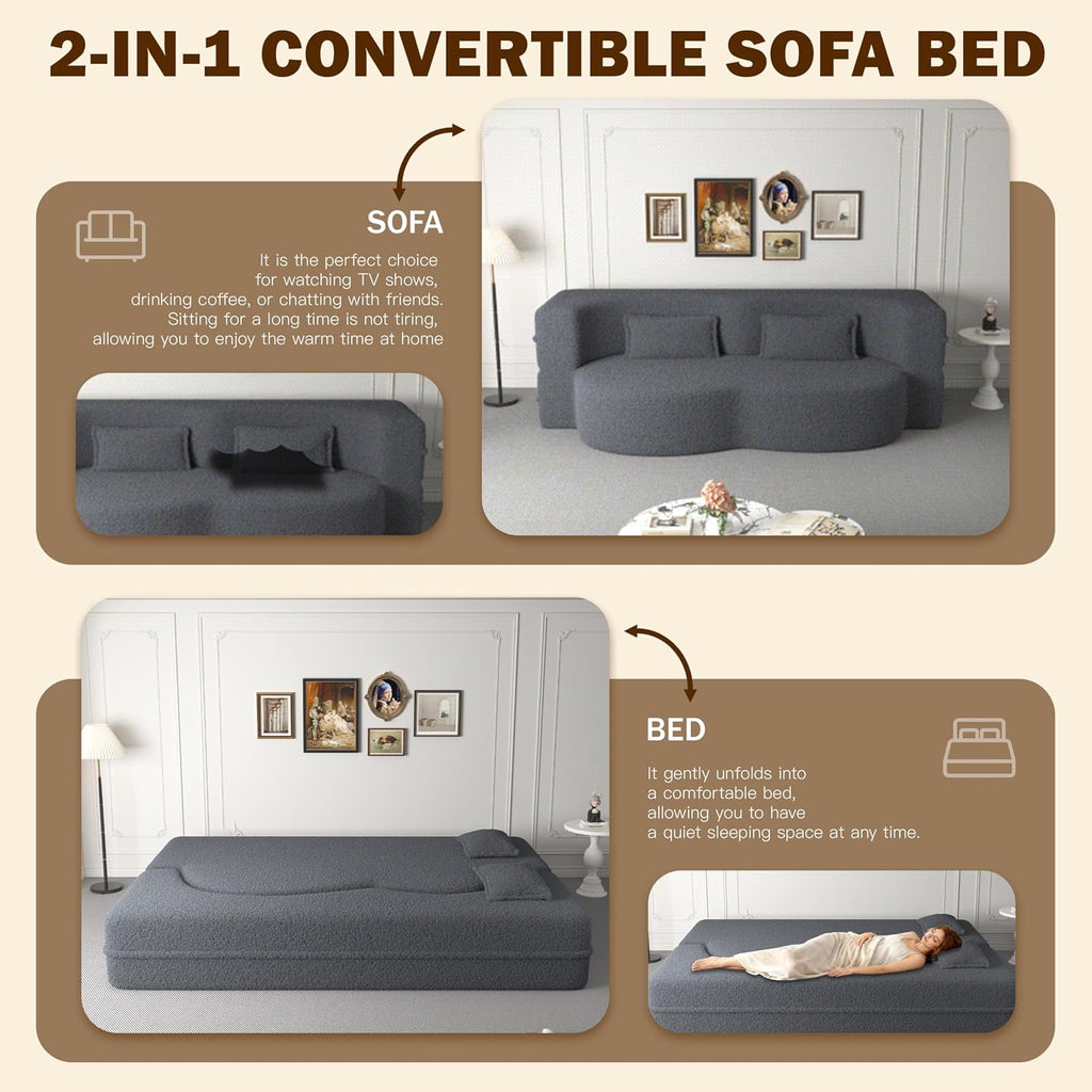 JOYBASE 78in Sofa Couch Convertible Oversized Cloud Loveseat Minimalist Sleeper Sofa Bed for Living Room, Apartment, Office, No Assembly Required (Grey)