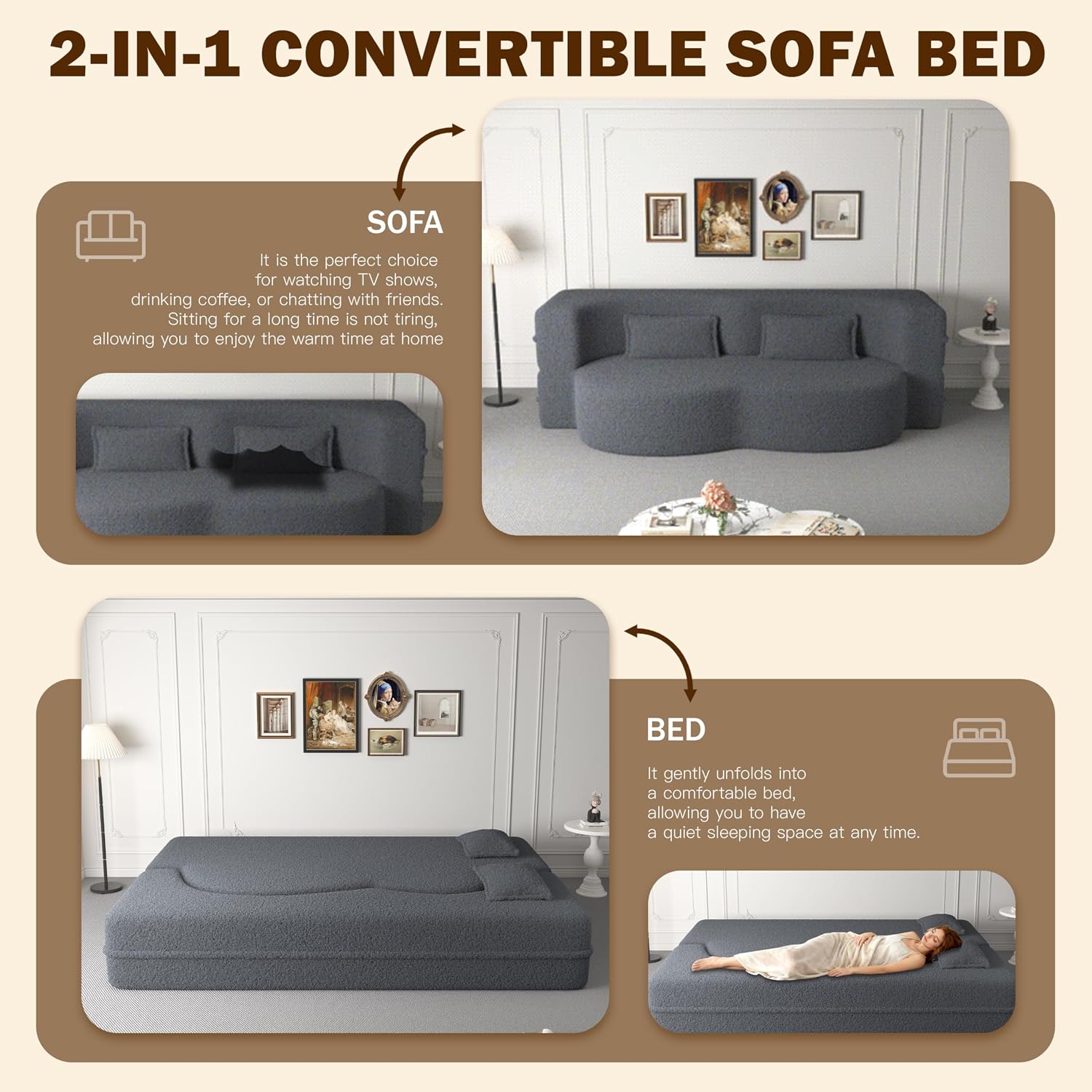JOYBASE 78in Sofa Couch Convertible Oversized Cloud Loveseat Minimalist Sleeper Sofa Bed for Living Room, Apartment, Office, No Assembly Required (Grey)