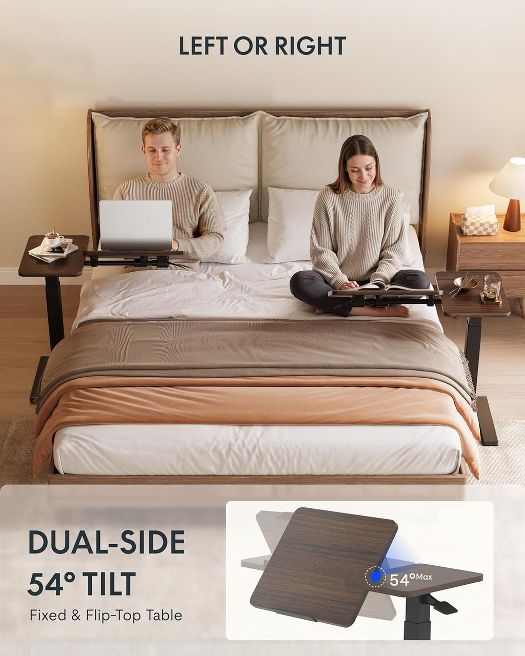 FLEXISPOT Adjustable Height C-Shaped End Table with Split Tilting Top – Mobile Side Table for Sofa & Bedside, Slides Under Furniture, Hidden Wheels for Small Spaces(31.6' W x 15.7' D,Dark Walnut)