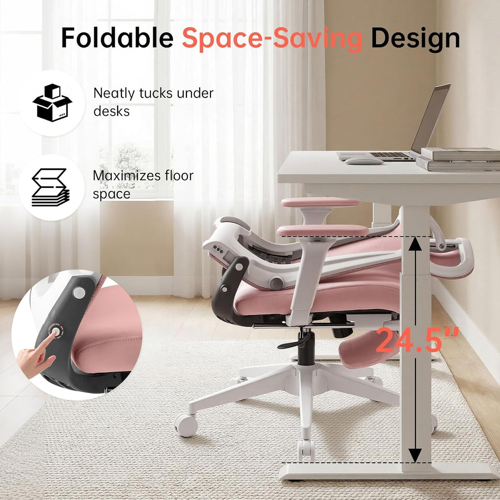 Foldable Office Chair with Foot Rest, Ergonomic Office Chair with Adjustable Lumbar Support, Headrest, Armrest, Home Office Desk Chair for Space Saving, Work from Home, Pink