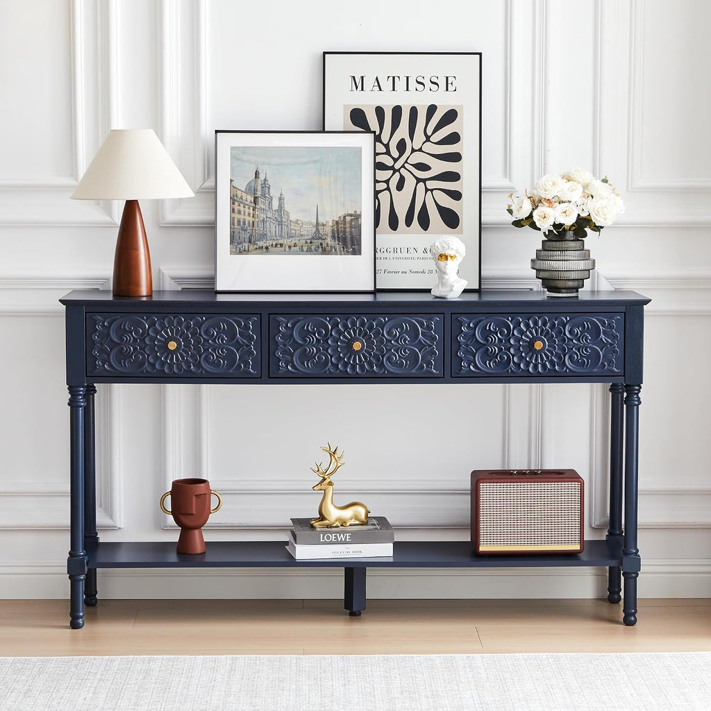weselon 55.5' Carved Console Table with 3 Drawers, 2-Tier Sofa Table with Glossy Floral Surface and Solid Wood Legs, Mid-Century Modern Entryway Table for Living Room Hallway (Midnight Blue)