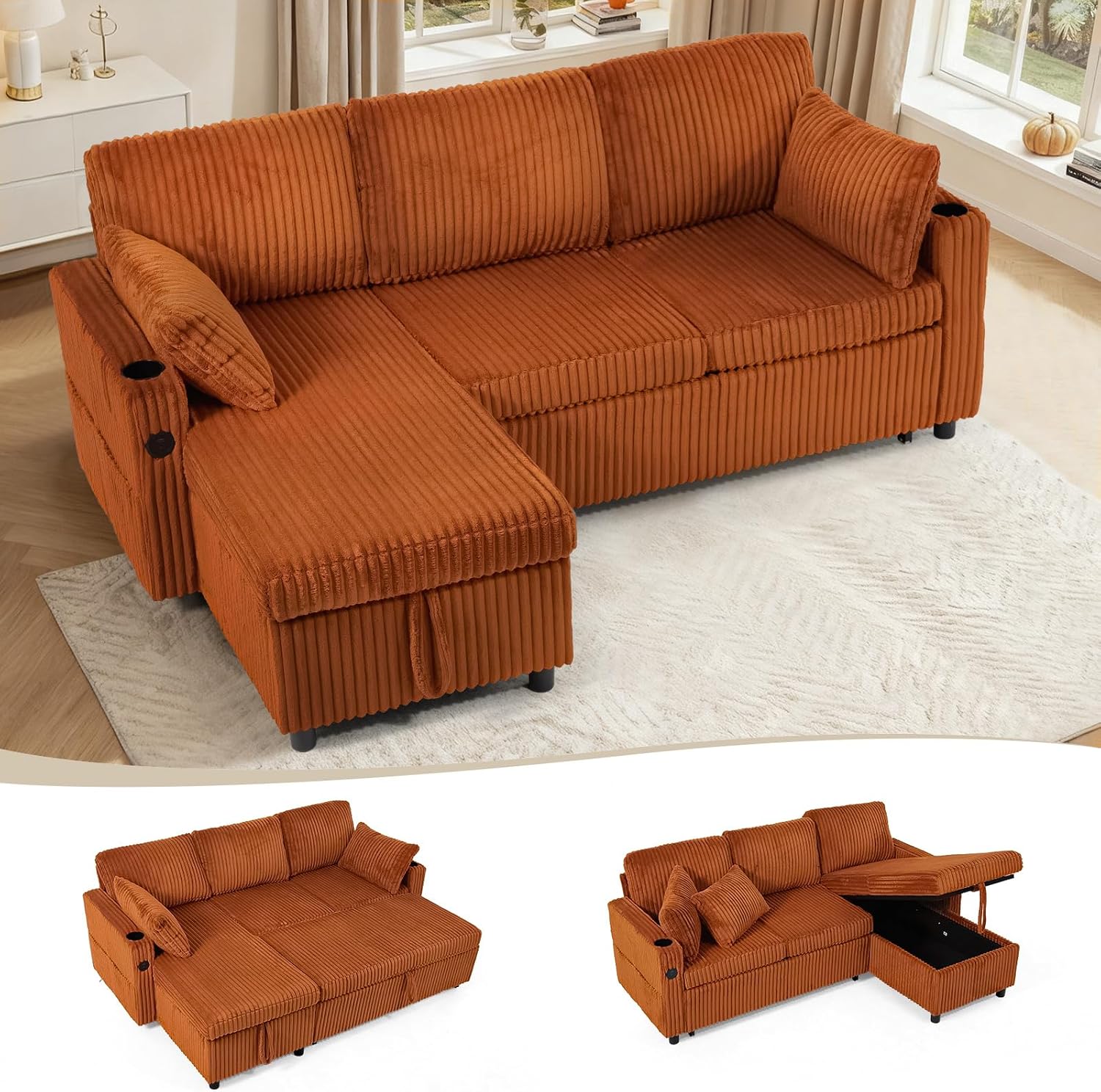 84' Corduroy Sectional Sleeper Sofa Bed w/Adjustable Backrests & USB Charging Port, L-Shape Couch Bed w/Storage Chaise, Convertible 3 Seater Sofa w/Cup Holders for Living Room, House, Orange