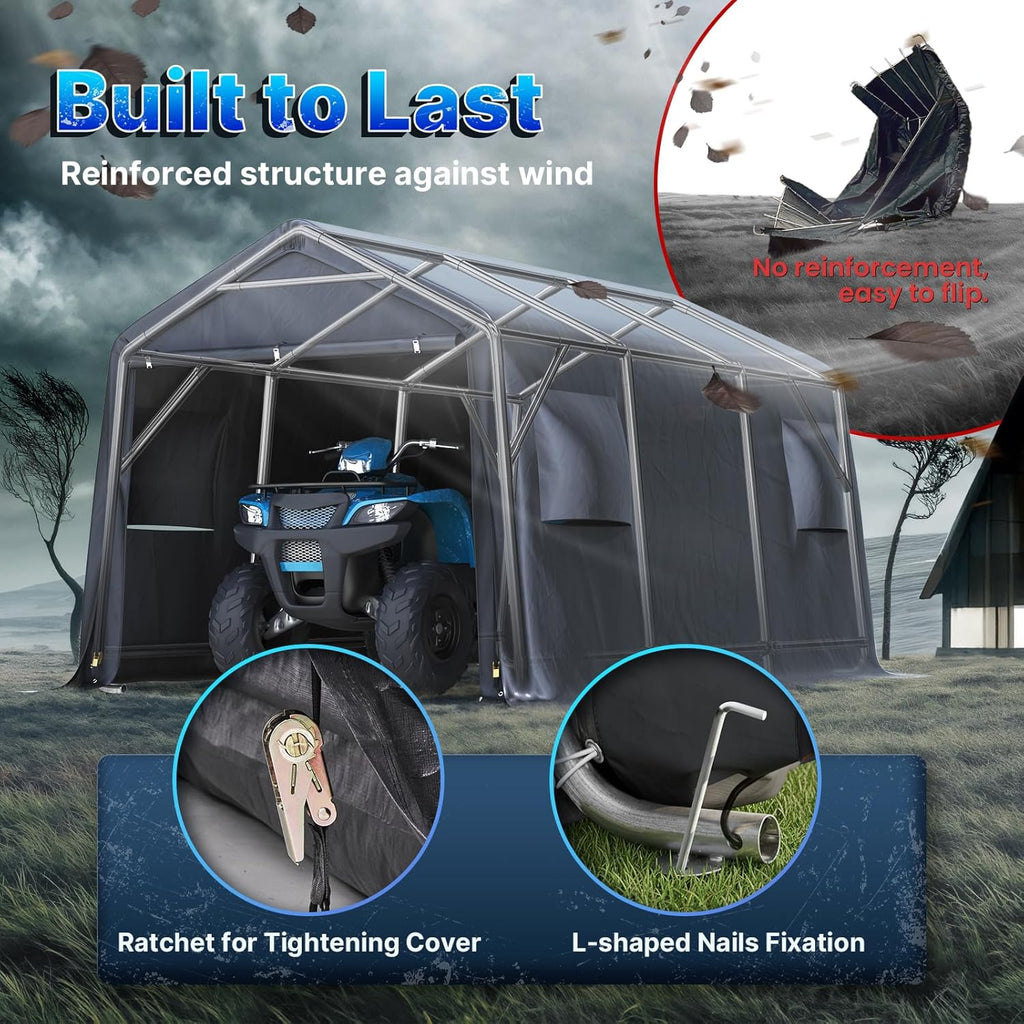 ADVANCE OUTDOOR 10X15 ft Garage Shelter Steel Metal Peak Roof Portable Storage Shed Carport for Motorcycle Boat, or Garden Tools with 2 Roll up Doors & Vents, Gray