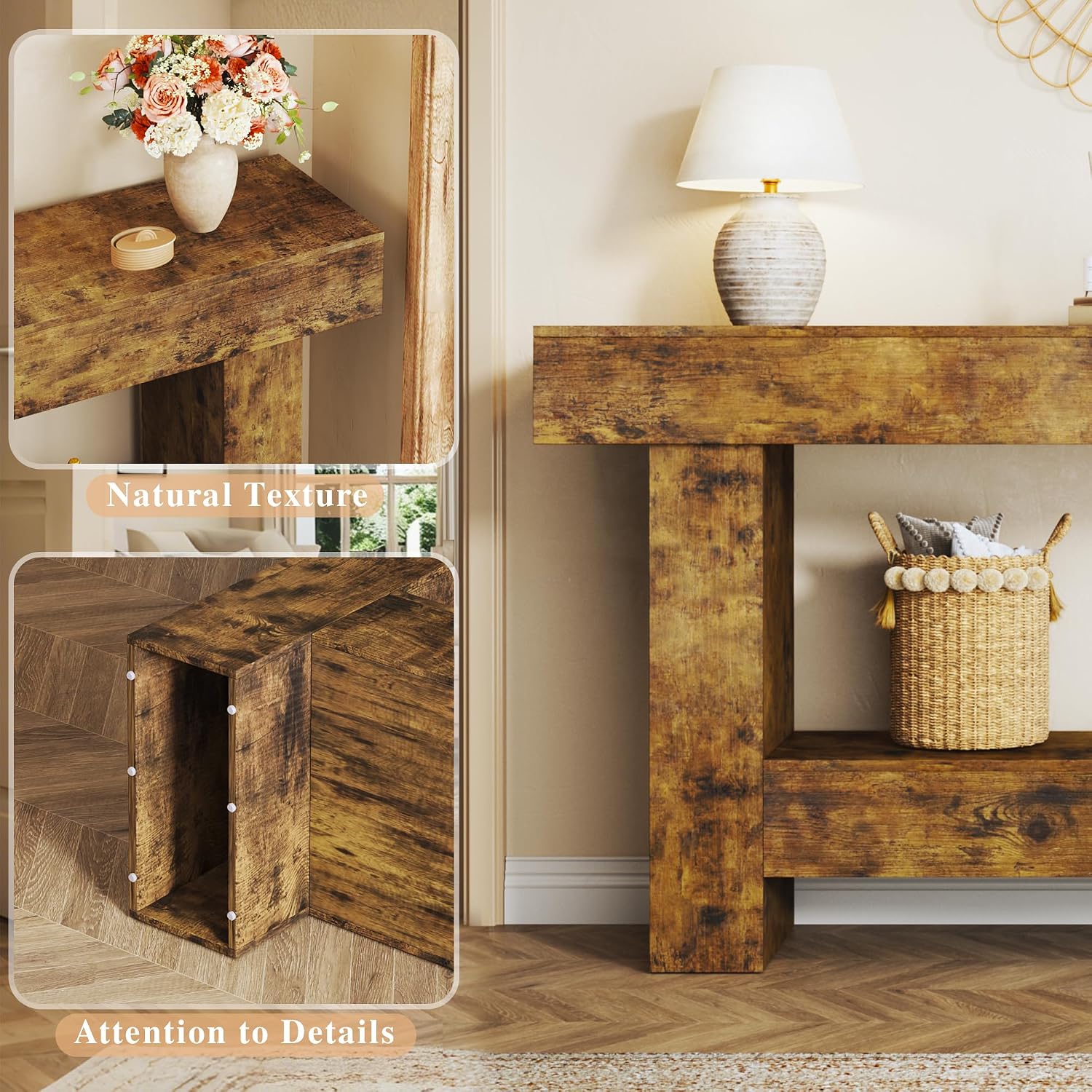 HUAHUU 63 Inches Long Console Table, Sofa Table with Storage Behind Couch, Entryway Table with Open Storage, Farmhouse Console Tables for Entryway, Living Room, Hallway, Oak Color
