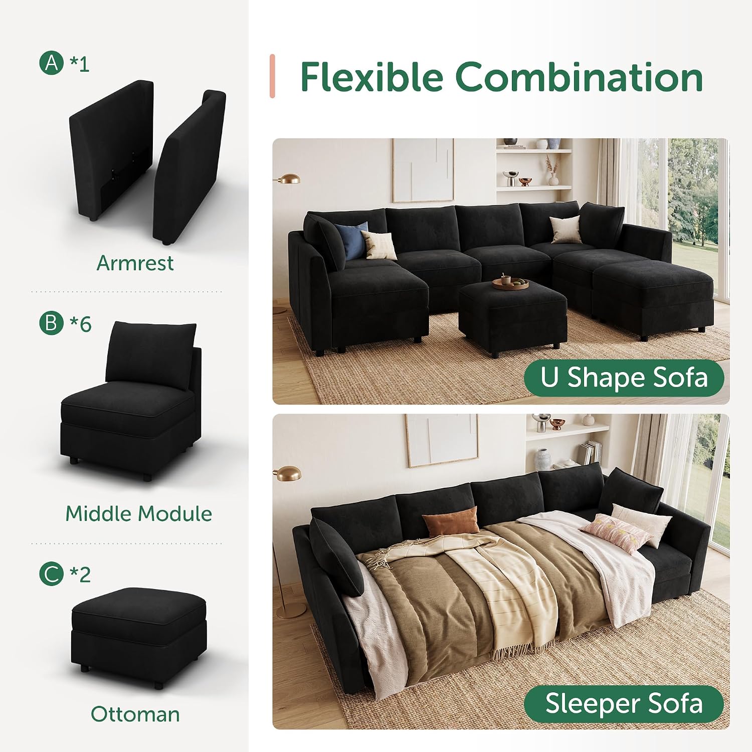 HONBAY Modular Sectional Sofa Velvet Sleeper Couch with Storage Seats Oversized Sectional Couches for Living Room,Black