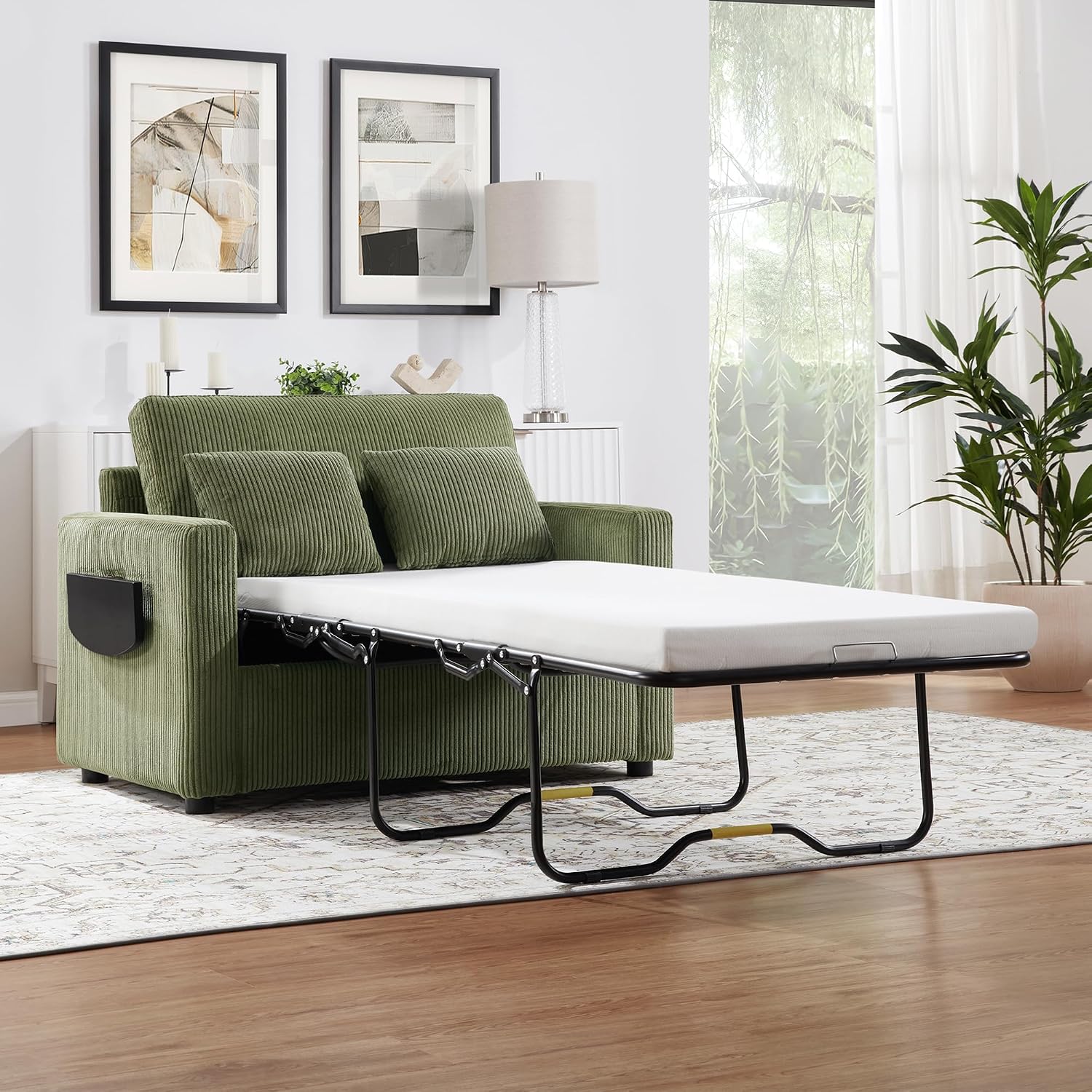 Twin Size Sofa Bed 47.2' Sleeper Sofa Loveseat Sofa with a Foldable Mattress, a Foldable Side Table, a Side Storage Pocket and Two USB Ports for Living Room, Green
