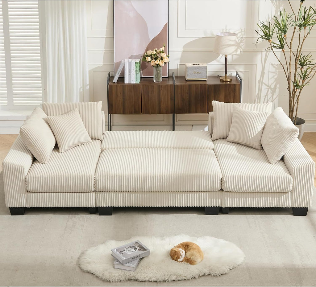 114' Sectional Couches with Pull Out Bed for Living Room, Oversized 2 in 1 Sectional Sleeper Sofa Comfy, Modern Upholstery 4 Seat U Shaped Couches with Double Chaise for Apartment, Beige