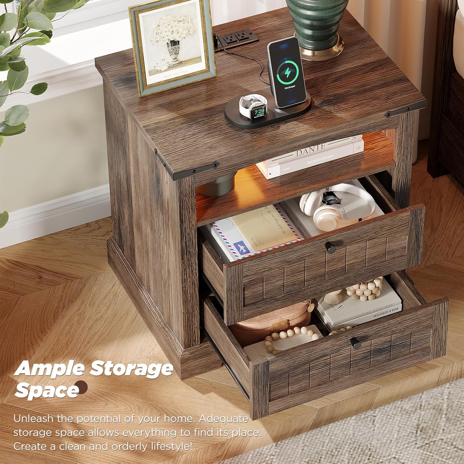 Vabches Nightstand with Charging Station, Vintage End Table with 2 Drawers, Wood Rustic Sofa Side Table with Open Storage Shelf for Bedroom, Living Room