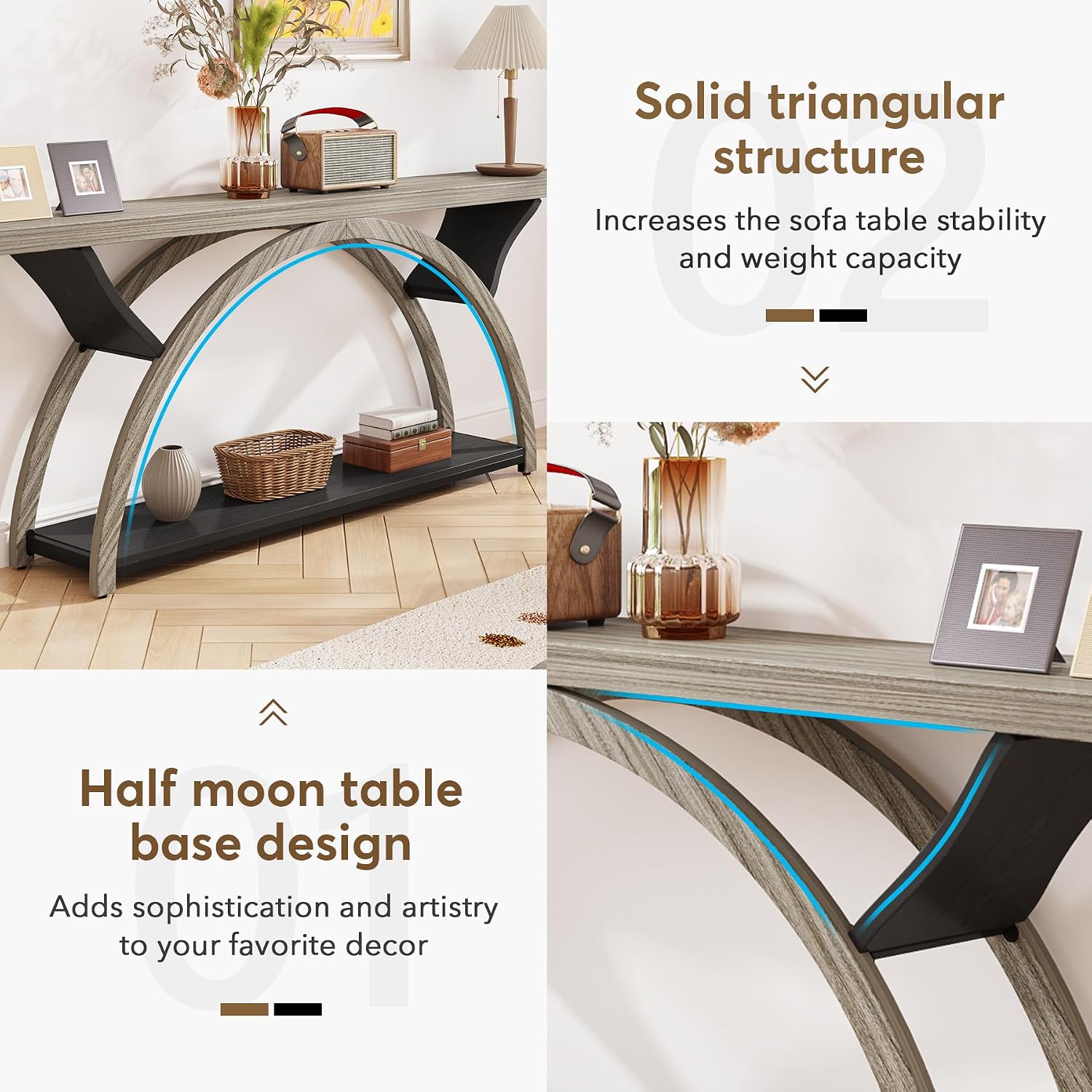 Tribesigns 70.87' Console Table with Storage Shelf, Narrow Long Sofa Table Behind Couch Table, 2-Tier Rustic Entryway Table with Half Moon Frame for Hallway Living Room, Gray & Black (Gray & Black)
