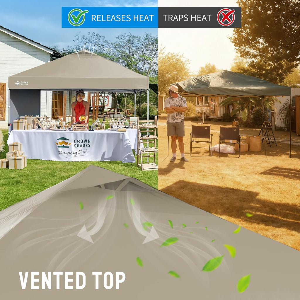 CROWN SHADES Pop Up Canopy with 1 Side Wall - Beach Tent with One Push Setup - Outdoor Sun Shade for Events, Parties, Camping - Gazebo with STO-N-Go Cover Bag, Beige, 12x12FT