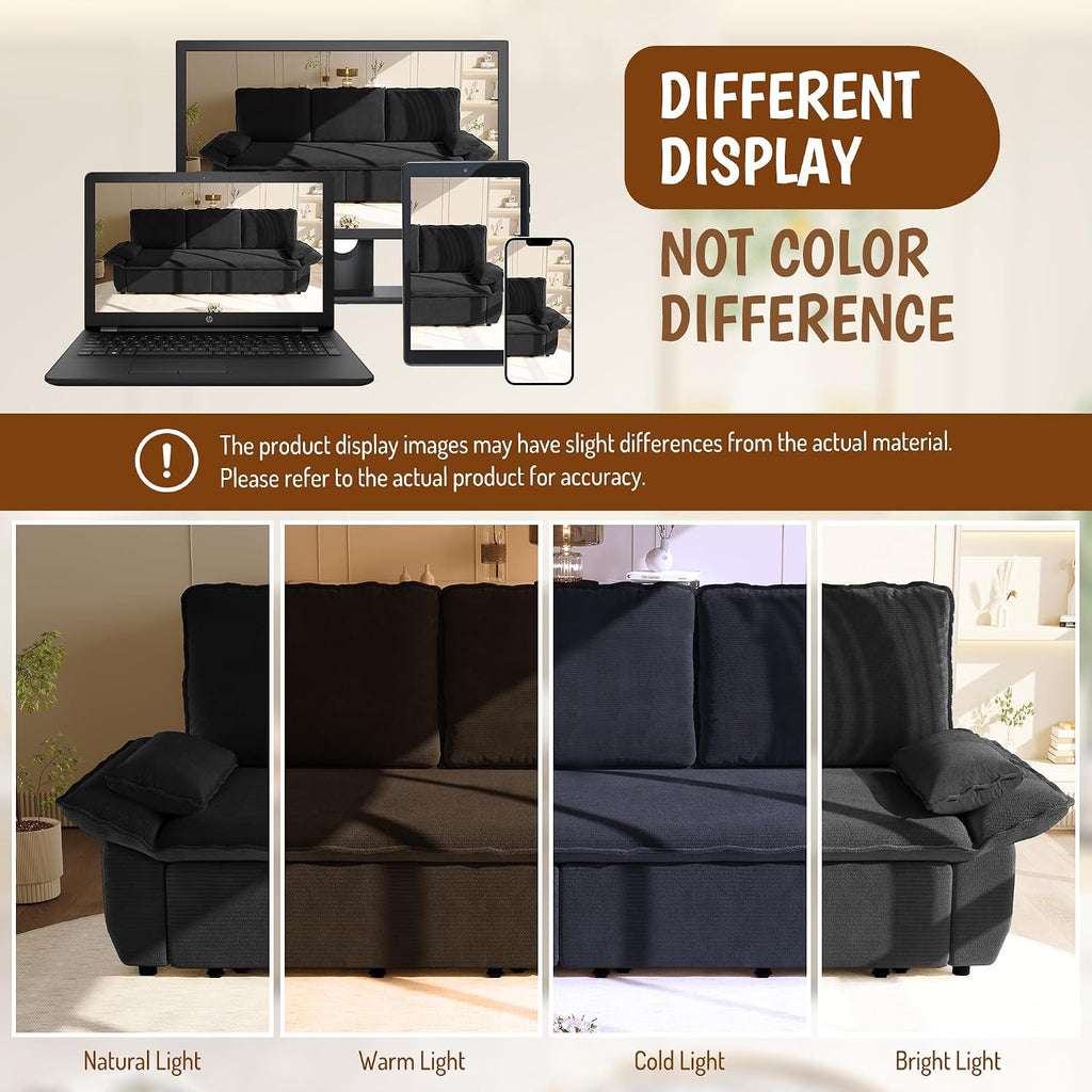 94.5'' King Size Sleeper Sofa Bed, 3-in-1 Corduroy 3-Seater Sofabed, Pull-Out Couch, Upholstered Cloud Pullout Futon, Space Saving for Living Room, Black