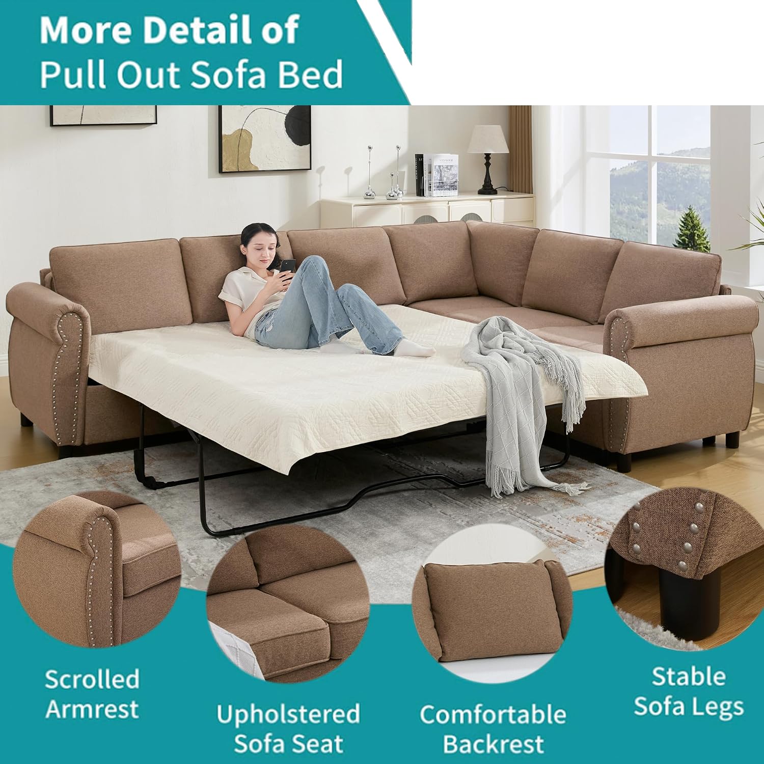 104'' Sleeper Sofa Bed, L Shaped Sectional Sofa with Pull Out Couch Bed, Queen Size 6 Seater Sofa with Memory Foam Mattress, Sectional Couches for Living Room Furniture Set, Brown