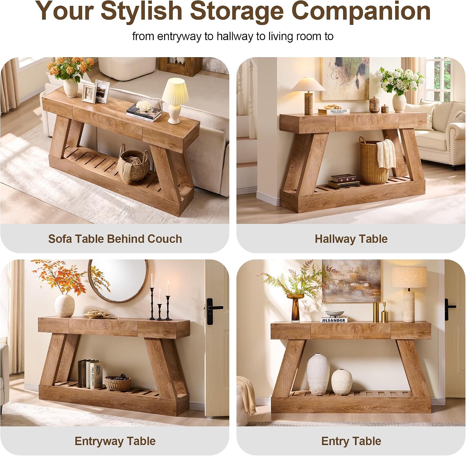 60' Farmhouse Entryway Table with Drawer, Wooden Hallway Foyer Table with Heavy Duty Base, Sofa Table for Living Room(Light Knotty Oak)