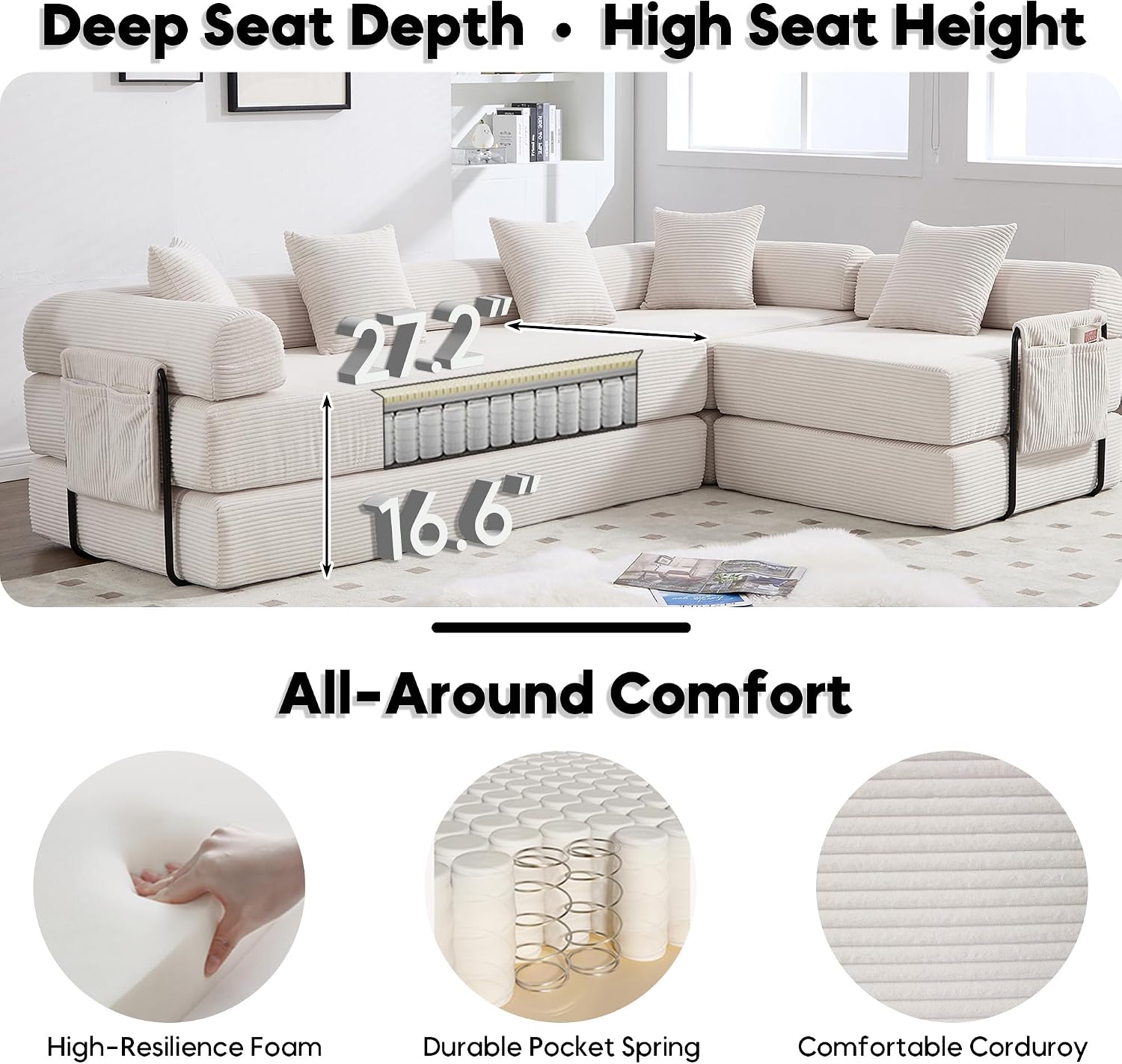 Oversized Modular Cloud Couch for Living Room, Corduroy L-Shaped Sectional Sleeper Sofa Bed with Fixed-Shape Frame, Modern Boneless Couch with Pillows & Storage, Beige White