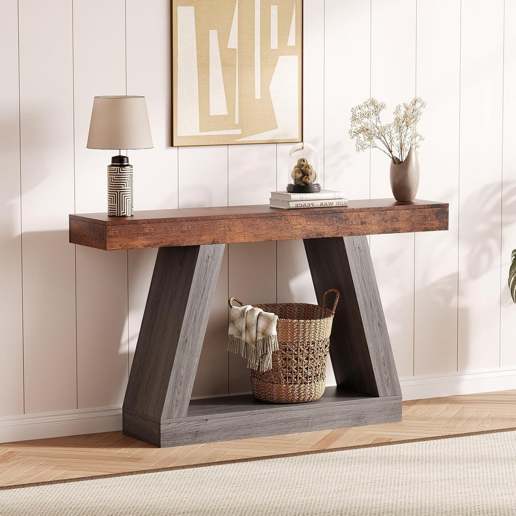 55 Inches Console Table, Sofa Table Behind Couch, 2-Tier Wooden Entry Tables for Entryway Foyer Hallway, Industrial Console Tables with Open Storage Shelf for Living Room