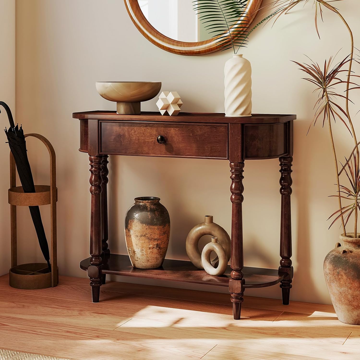 Giantex 2-Tier Console Table, 36' Retro Entryway Table with Storage Drawer & Elegant Legs, Narrow Wooden Sofa Table with Open Shelf for Living Room, Foyer, Hallway, Bedroom, Entrance (Brown)