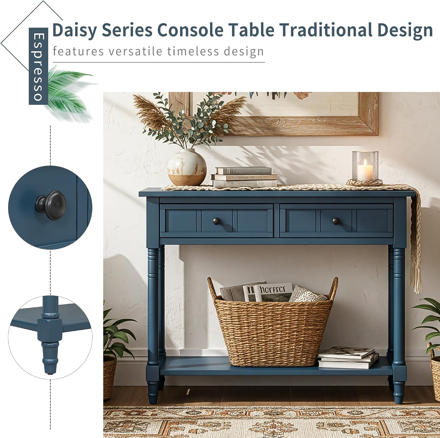 Knocbel Antique Entry Console Table with 2 Drawers & Bottom Open Shelf, Wood Sofa Tables for Entryway Hallway Living Room, 35.34' W x 13.8' D x 30.25' H, Dark Navy