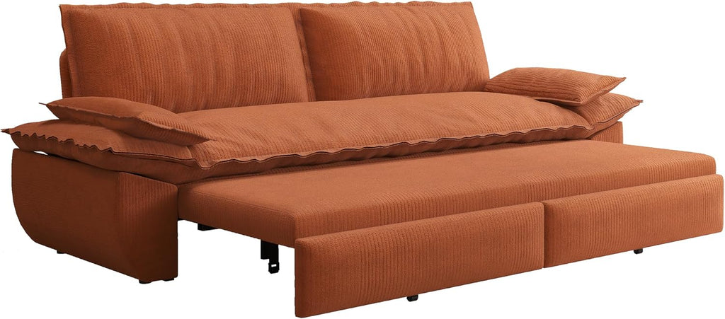 73.2'' Queen Size Sofa Bed, Corduroy Loveseat 3-in-1 Convertible Sleeper Sofa Couch, Pull Out Sofabed, Space Saving, Orange