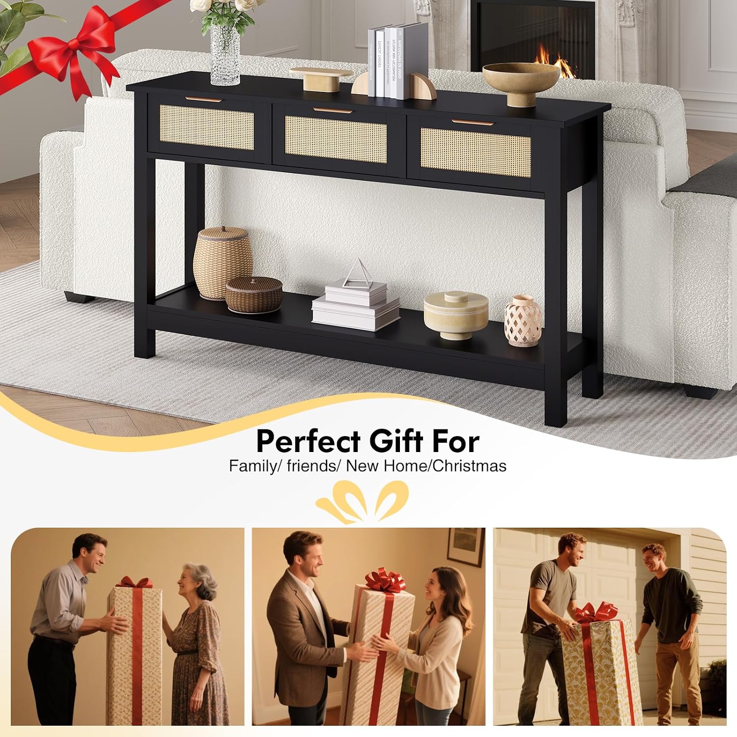 Luoxiao Entryway Table, 47' Rattan Console Tables with 3 Drawers, Narrow Hallway Table for Entryway with Storage Shelf, Slim Sofa Table Behind Couch, Modern Black Foyer Entry Way Table, Easy Assembly