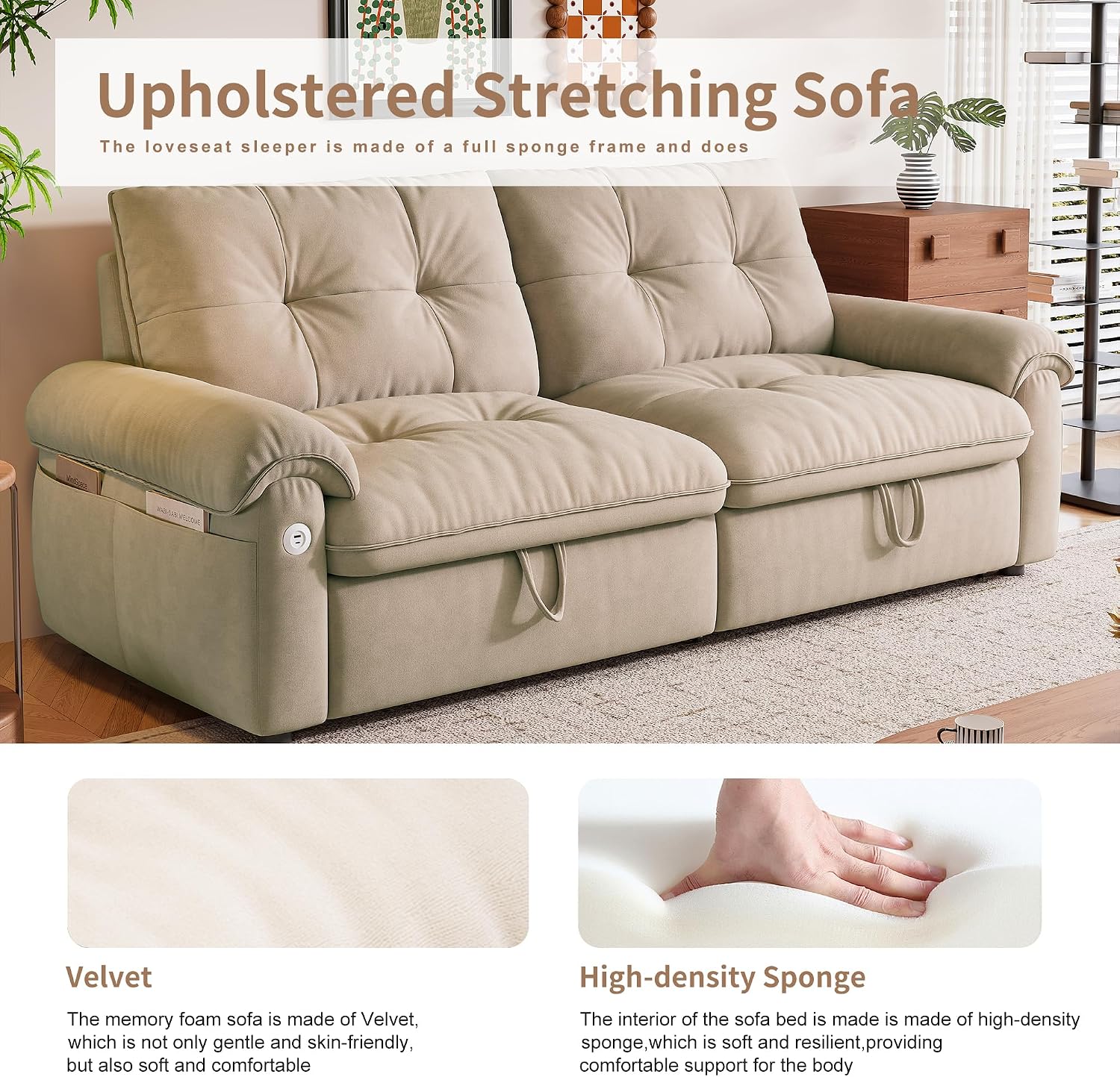 77' Queen Size Sofa Bed, Loveseat Sleeper Sofa with Pull Out Bed, Pockets and USB, Modern 2 Seater Convertible Small Couch for Living Room Bedroom Apartment, Brown