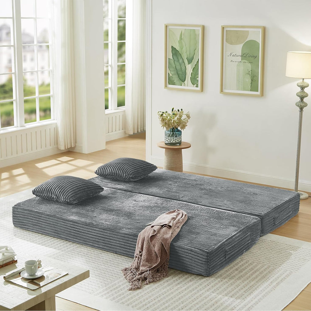 Antetek Modular Couch Bed, Convertible Folding Plush Corduroy Comfy Floor Compression Loveseat Sleeper Sofa Couch, King Size Bed for Guest Room Living Room Bedroom, No Assembly Required, Light Grey