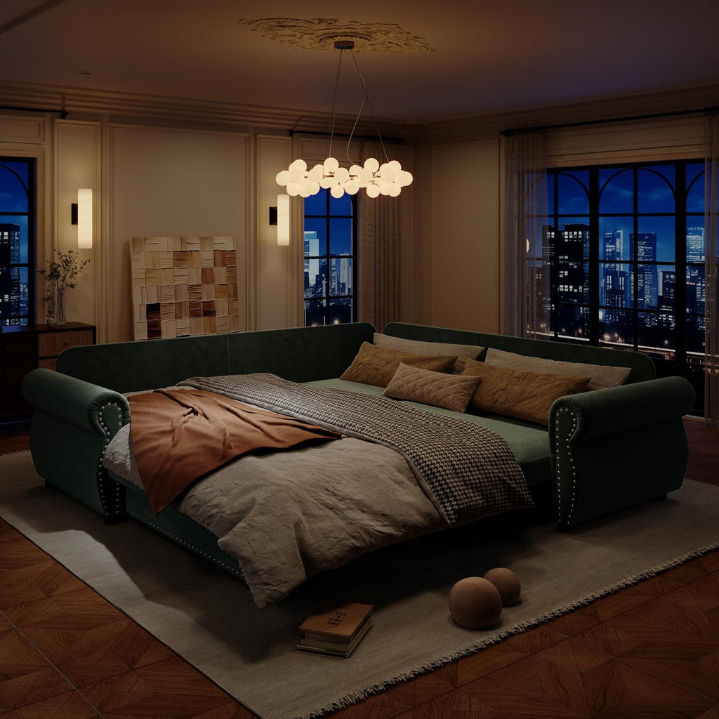 88.2'' Pull Out Couch, Convertible Sleeper Sofa Bed, Upholstered Sectional Sofa, Chenille L-Shaped Couch with Nailhead Trim, 4-Seater Modern Sectional Couches for Living Room, Bedroom,Green